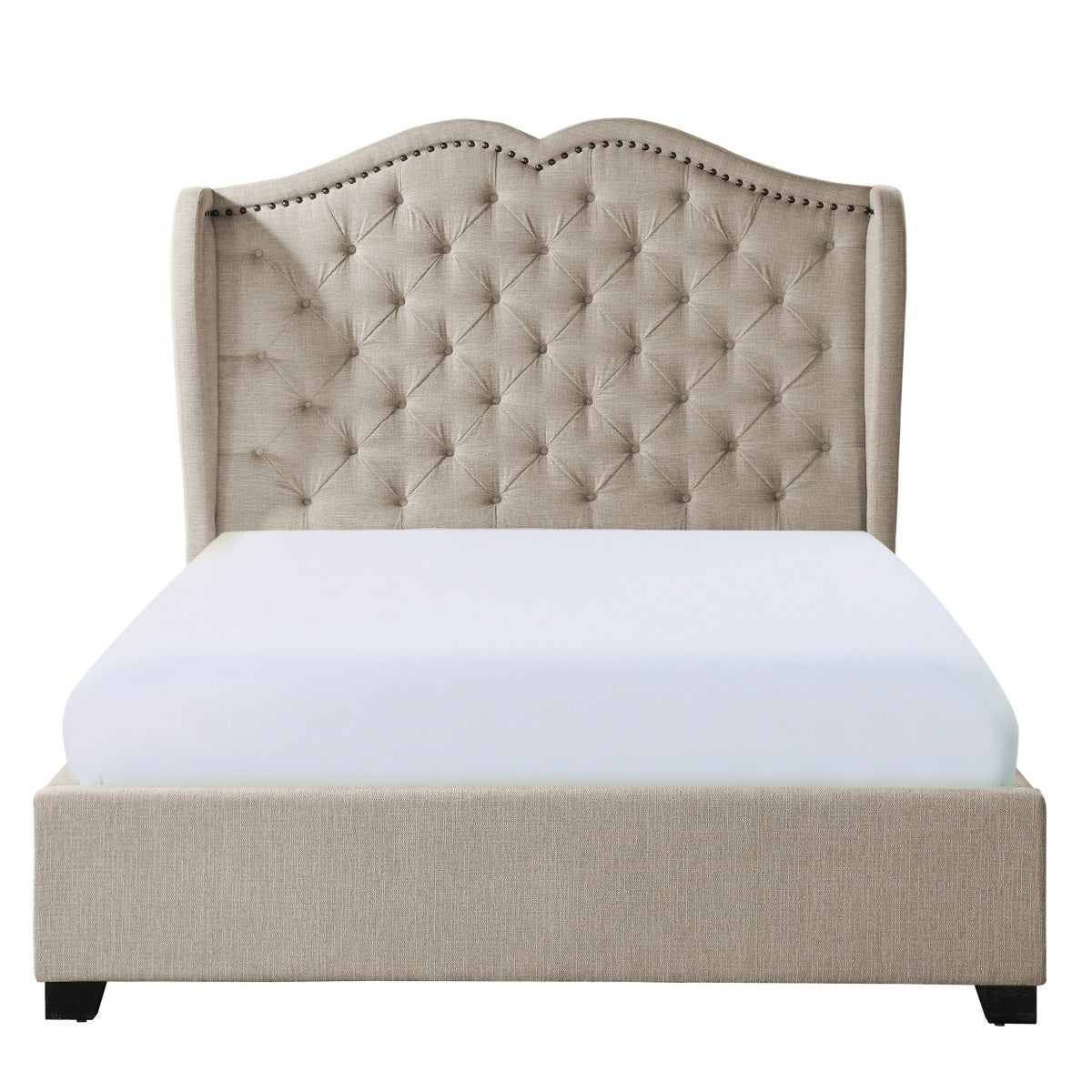 Beige Button Tufted Wingback Queen Size Bed Frame - Solid Wood Construction with Fabric Upholstery | Perfect for Master Bedroom, Guest Room & Luxury Home Decor