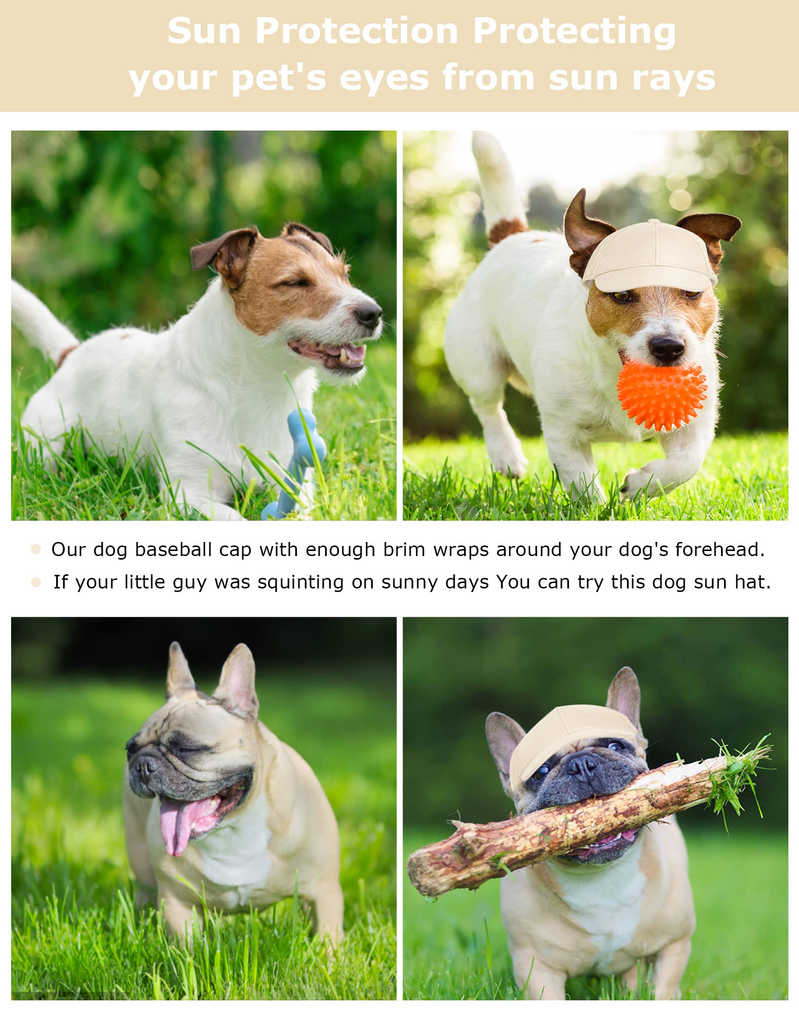 Adjustable Dog Bucket Hat for Small & Medium Dogs - Puppy Sun Hat, Baseball Cap & Visor for Spring & Summer (Beige, Large 15lbs+) - Perfect for Outdoor Walks, Beach Trips & Pet Fashion