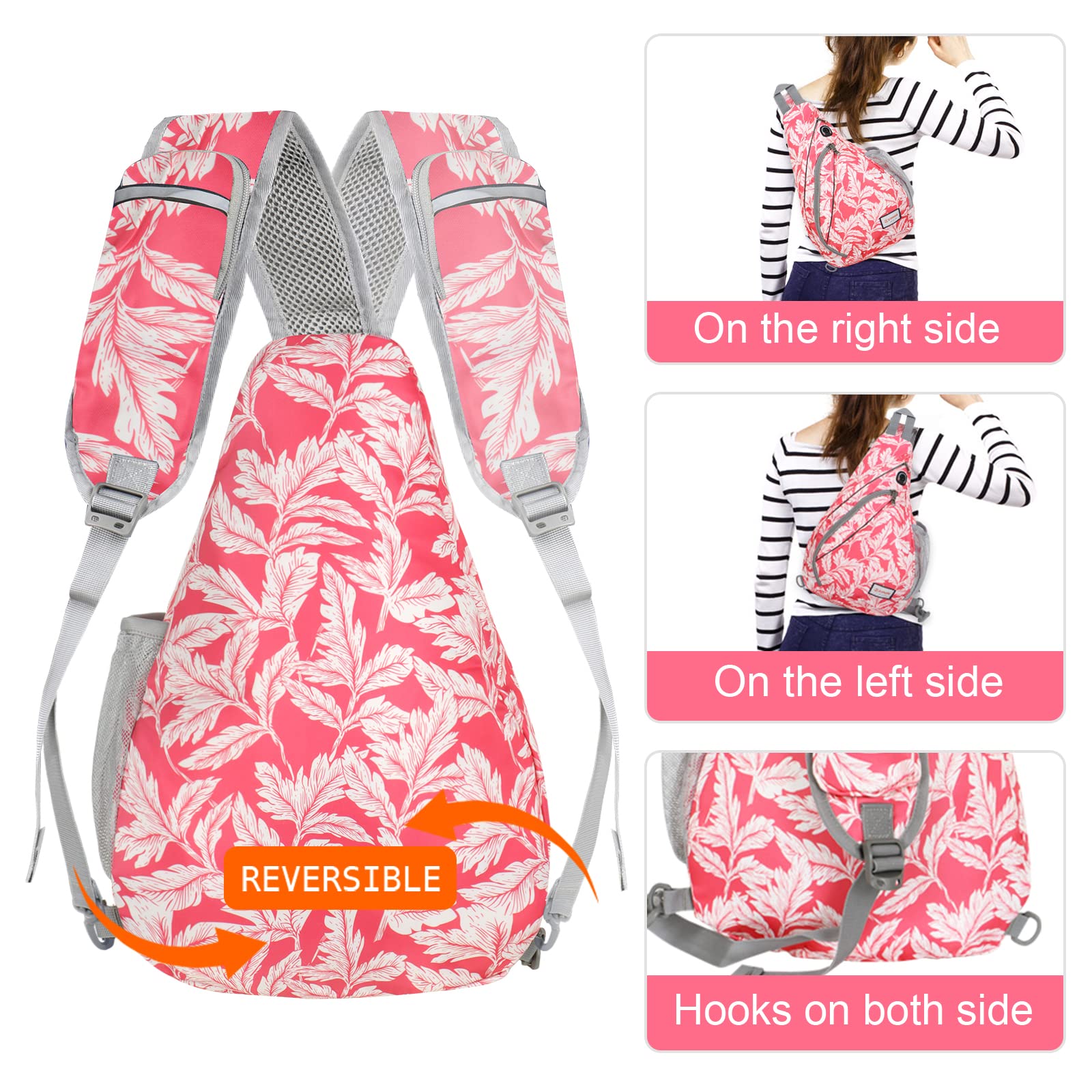 ZOMAKE Waterproof Sling Bag for Travel & Hiking - Anti-Theft Crossbody Backpack (Fuchsia White Leaf)