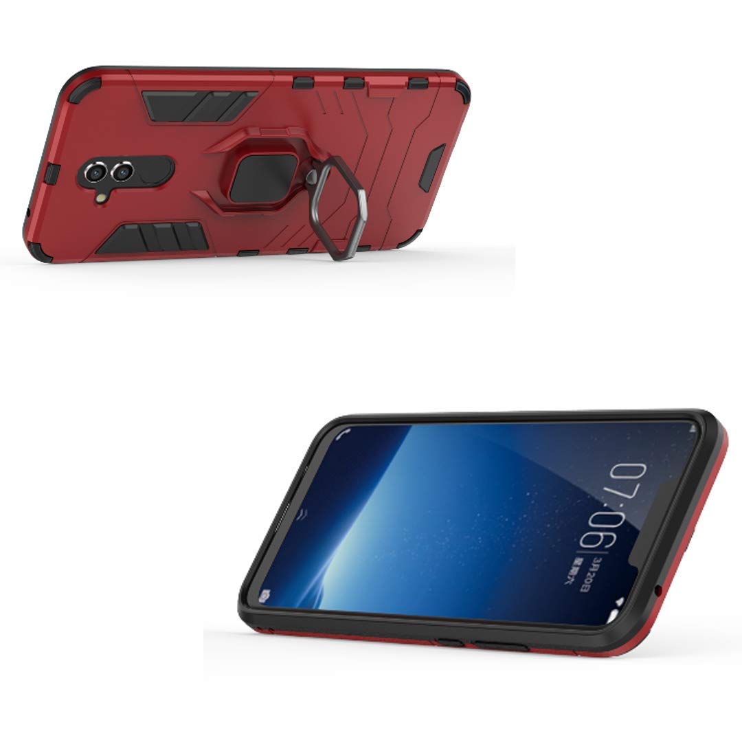 Shockproof Rugged Dual Layer Case for Huawei Mate 20 Lite with Metal Ring Grip & Kickstand - Compatible with Magnetic Car Mount - Durable Hard Bumper Shell (Red) - Perfect for Outdoor Activities, Travel & Daily Protection