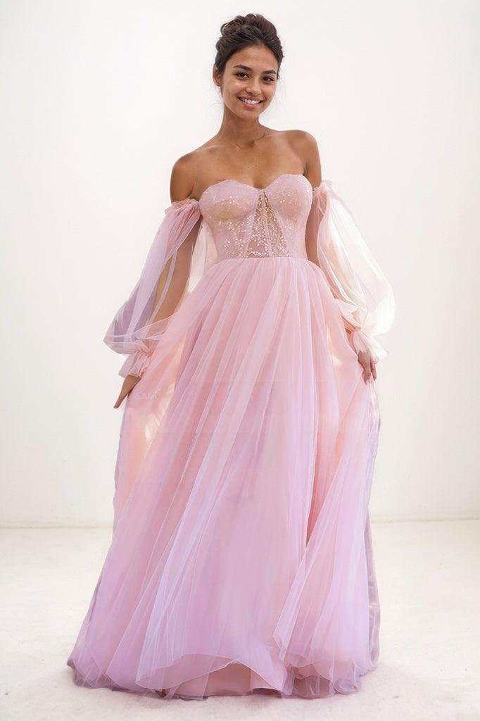 Elegant Off-The-Shoulder Long Lantern Sleeve Tulle Prom Dress CS0776 for Homecoming, Formal Events & Evening Parties
