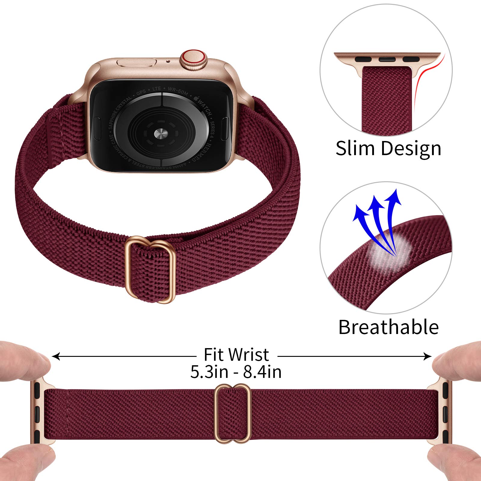 SICCIDEN Slim Stretchy Apple Watch Bands 38mm/40mm/41mm/42mm/44mm/45mm/46mm/49mm - Elastic Nylon Thin Strap Compatible with iWatch Ultra 2/1, SE & Series 10/9/8/7/6/5/4/3/2/1 - Women's Fashion Sport Band (Wine Red/Rose Gold) - Perfect for Workouts, Running & Everyday Wear