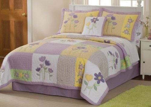 Pem America Floral Patchwork Full/Queen Quilt Set with 2 Shams - Elegant Bedding for Master Bedroom & Guest Room Decor