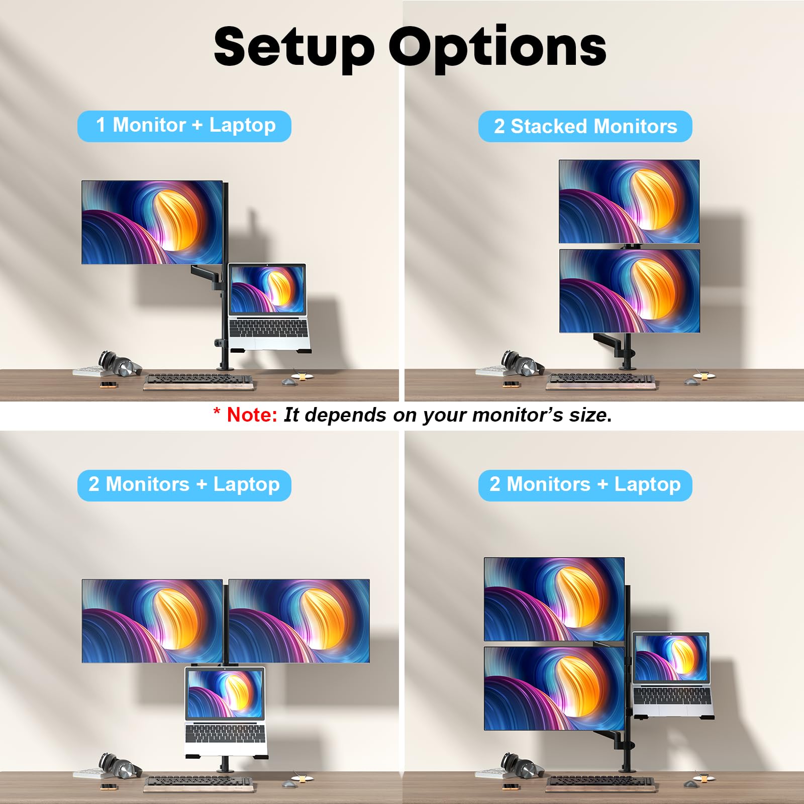 PUTORSEN Dual Monitor and Laptop Stand - Adjustable 3-in-1 Desk Mount for Two 17-32 Inch Screens & 17