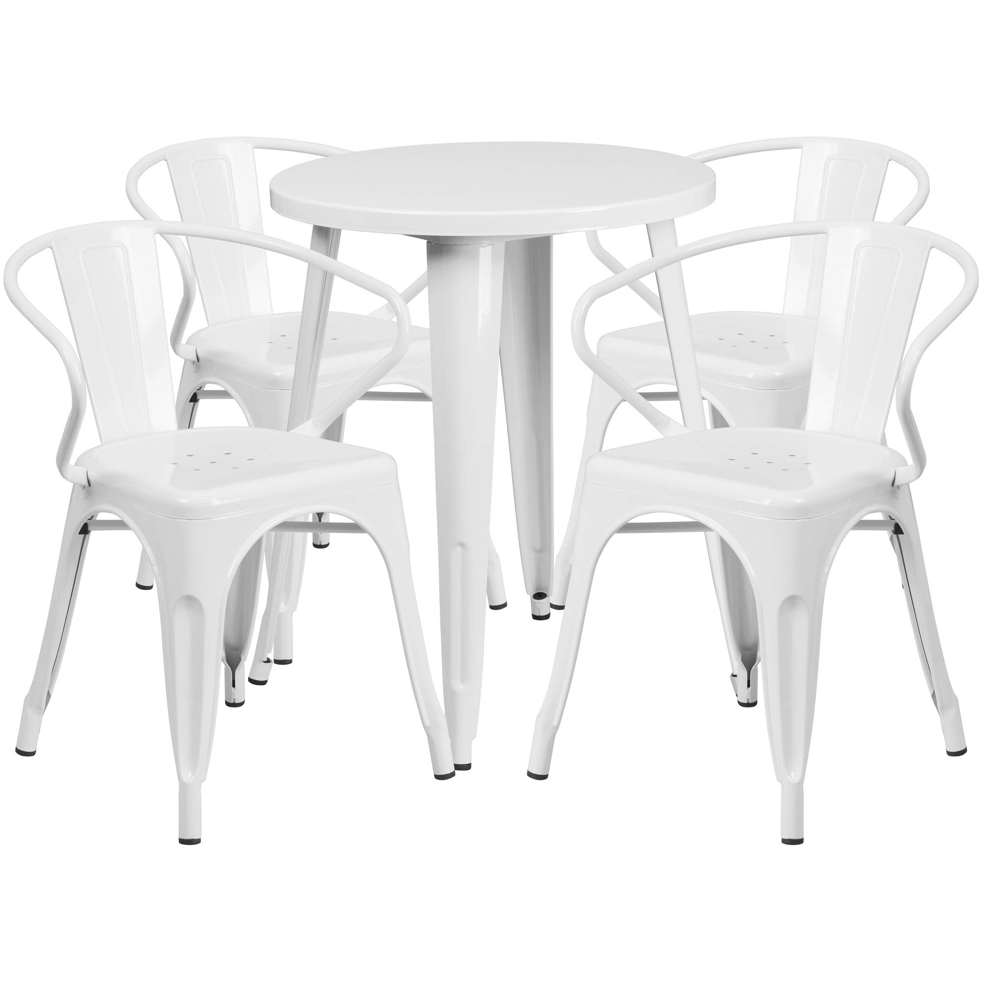 F&F Furniture Group 5-Piece White Metal Round Dining Set - Indoor Outdoor Patio Table and Chairs (29 Inch Height) - Perfect for Backyard, Garden, Poolside & Small Space Dining