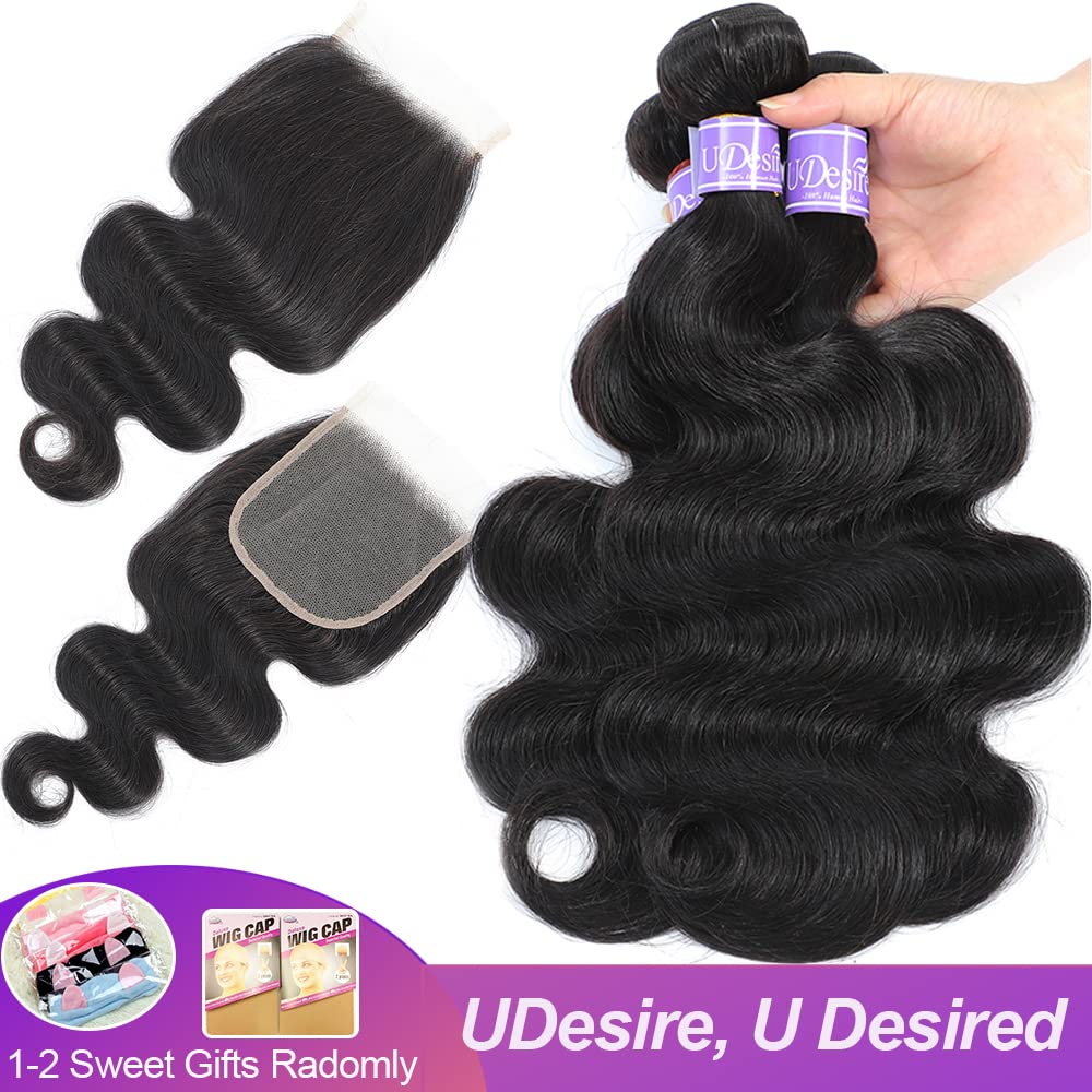 12A Brazilian Body Wave 100% Unprocessed Human Hair Bundles with Closure (18 20 22 Inches + Free 18