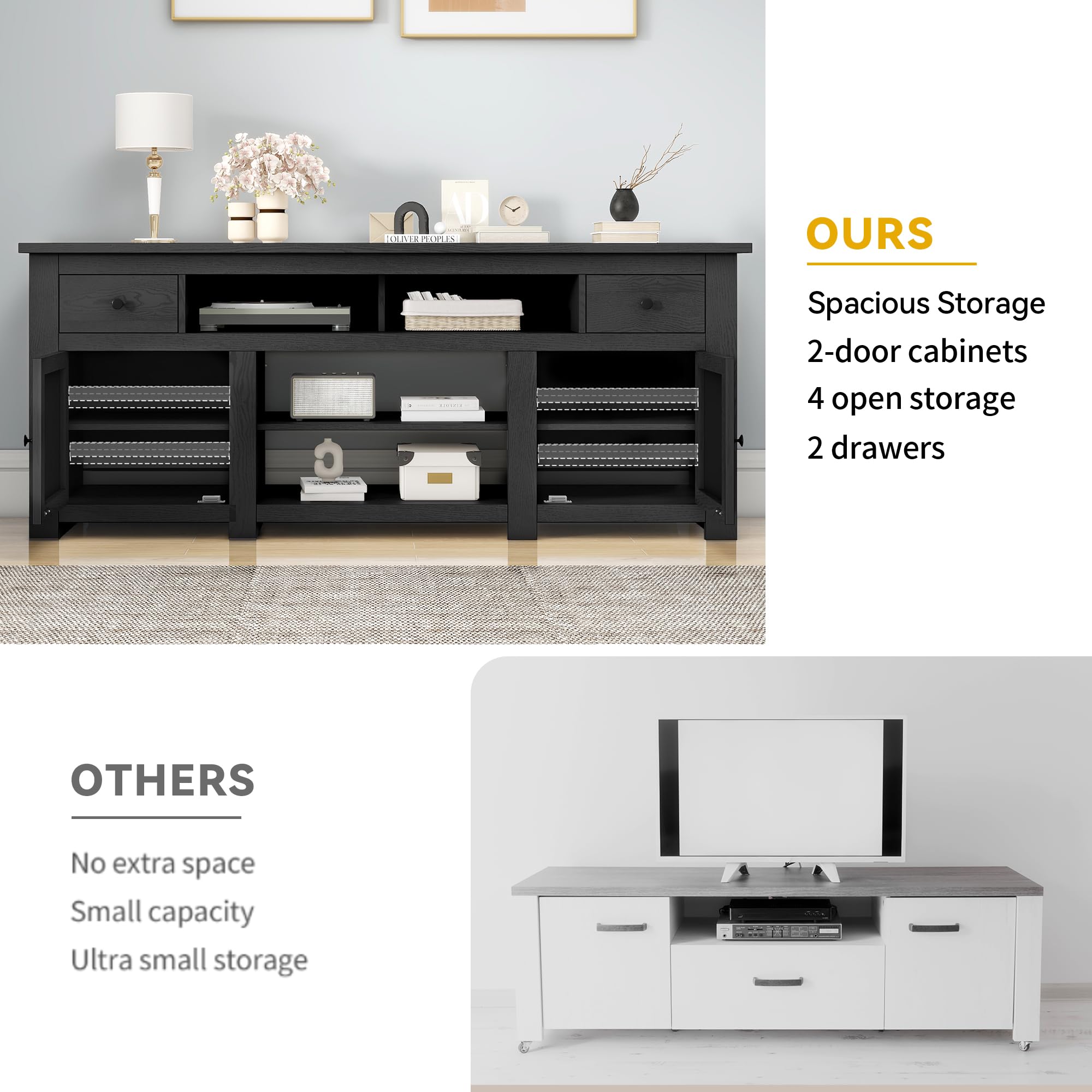 **75 Inch Farmhouse TV Stand with Storage Cabinets & Drawers - Rustic Entertainment Center, Media Console for Living Room - Perfect for Home Theater & Cozy Family Gatherings (Black)**