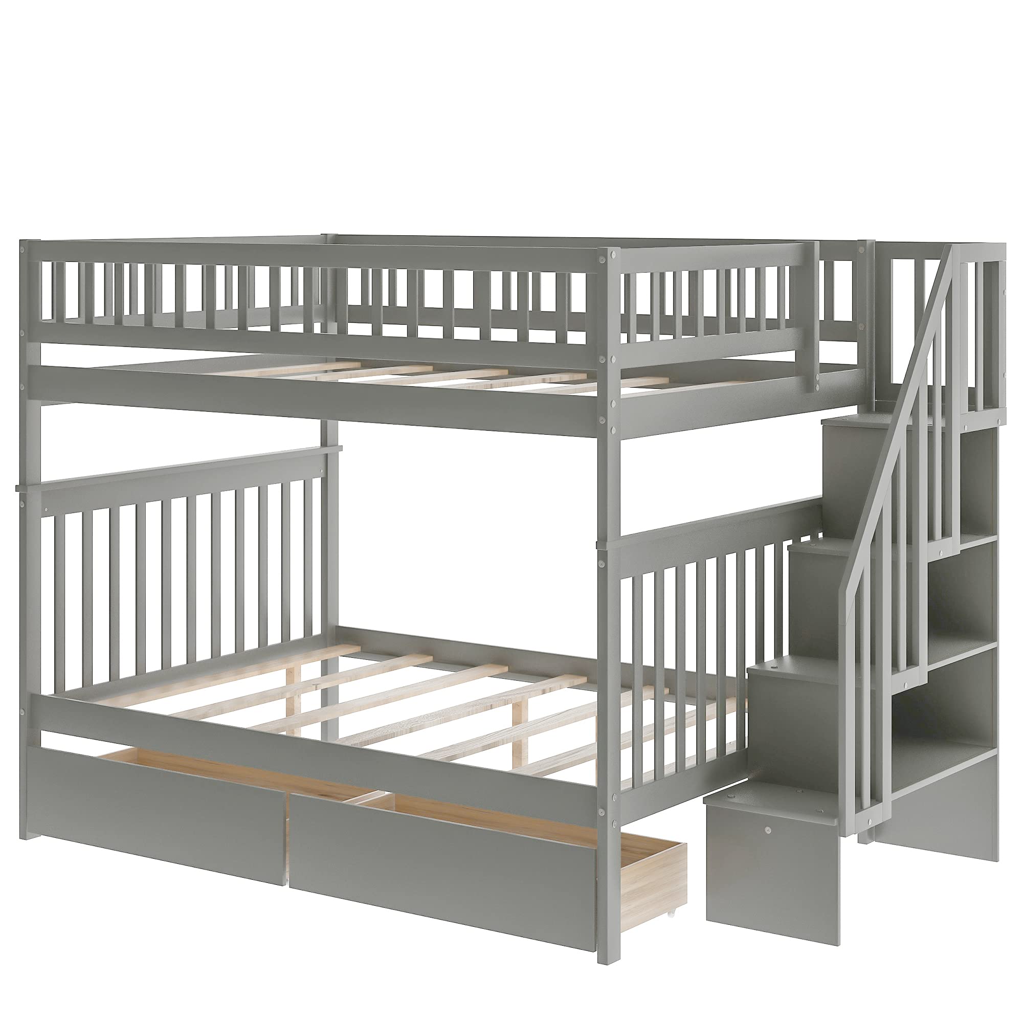 MERITLINE Full Over Full Bunk Bed with Stairs & 2 Storage Drawers - Convertible Wooden Loft Bed for Kids & Teens - Space-Saving Twin Bunk Bed Separates into 2 Full Beds (Grey) - Perfect for Small Bedrooms, Dorms & Shared Kids' Rooms