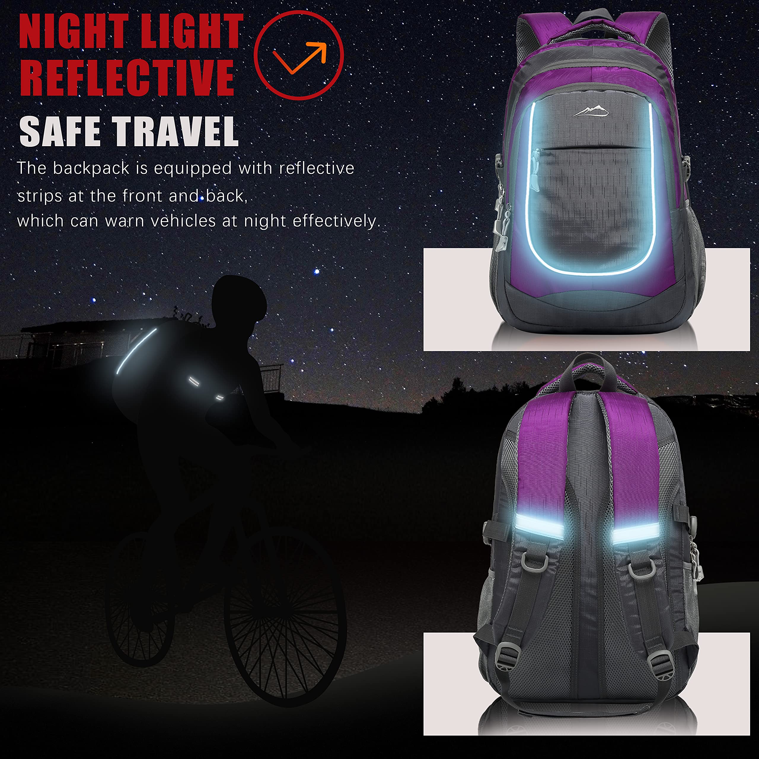 Durable 15.6 Inch Laptop Backpack for School, College, Travel & Hiking - Multi-Compartment Water-Resistant Book Bag with USB Charging Port & Reflective Strips (Black/Purple) - Perfect for Students, Professionals & Outdoor Enthusiasts