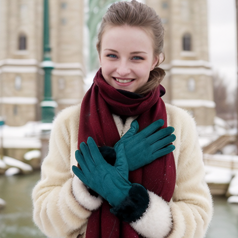 Warm Faux Fur Trim Gloves for Women - Soft Winter Gloves with Cozy Fur Cuff, Green | Perfect for Cold Weather, Outdoor Activities & Fashion Accessory