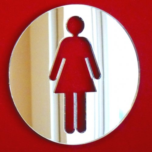 Round Female Toilet Sign Mirror - 12cm x 12cm Bathroom Decor for Women, Restroom Wall Art, Perfect for Home, Office, and Public Restrooms