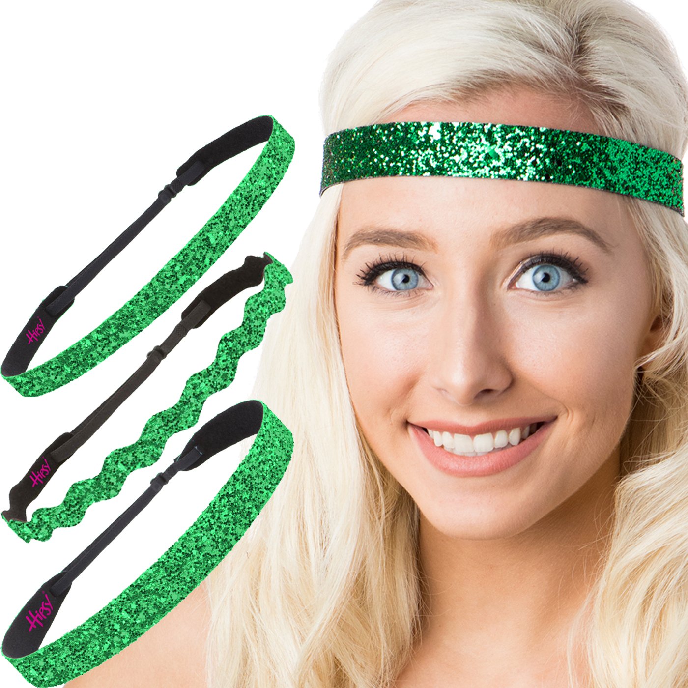 Sparkly Bling Adjustable No-Slip Headbands for Women, Girls & Teens - 3 Pack Mixed Glitter Green - Perfect for Sports, Workouts, School & Everyday Fashion