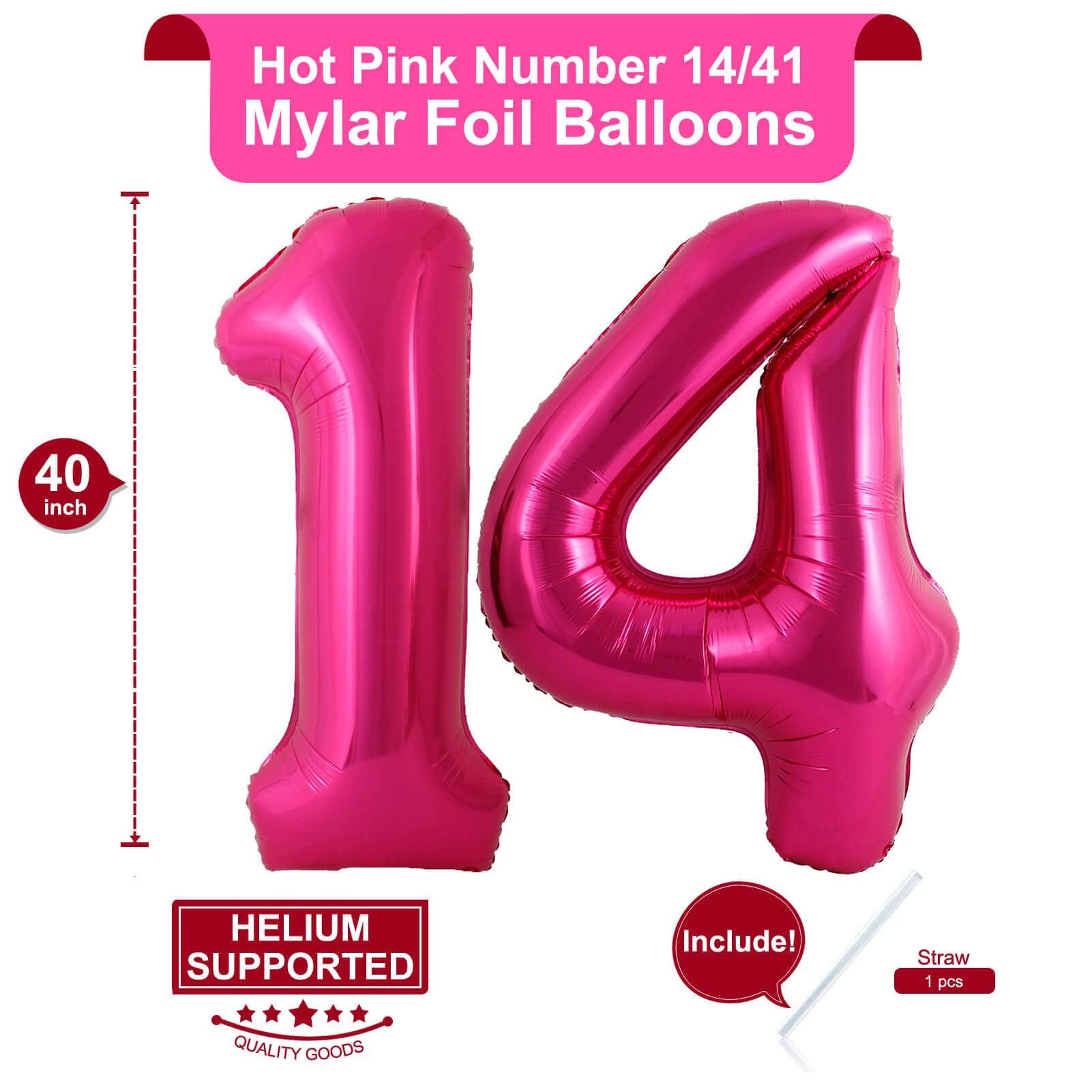 40 Inch Giant Hot Pink 14 Number Balloons - Jumbo Mylar Foil Helium Balloons for 14th Birthday, Anniversary & Party Decorations - Perfect for Birthday Parties, Baby Showers, Graduations & Special Events