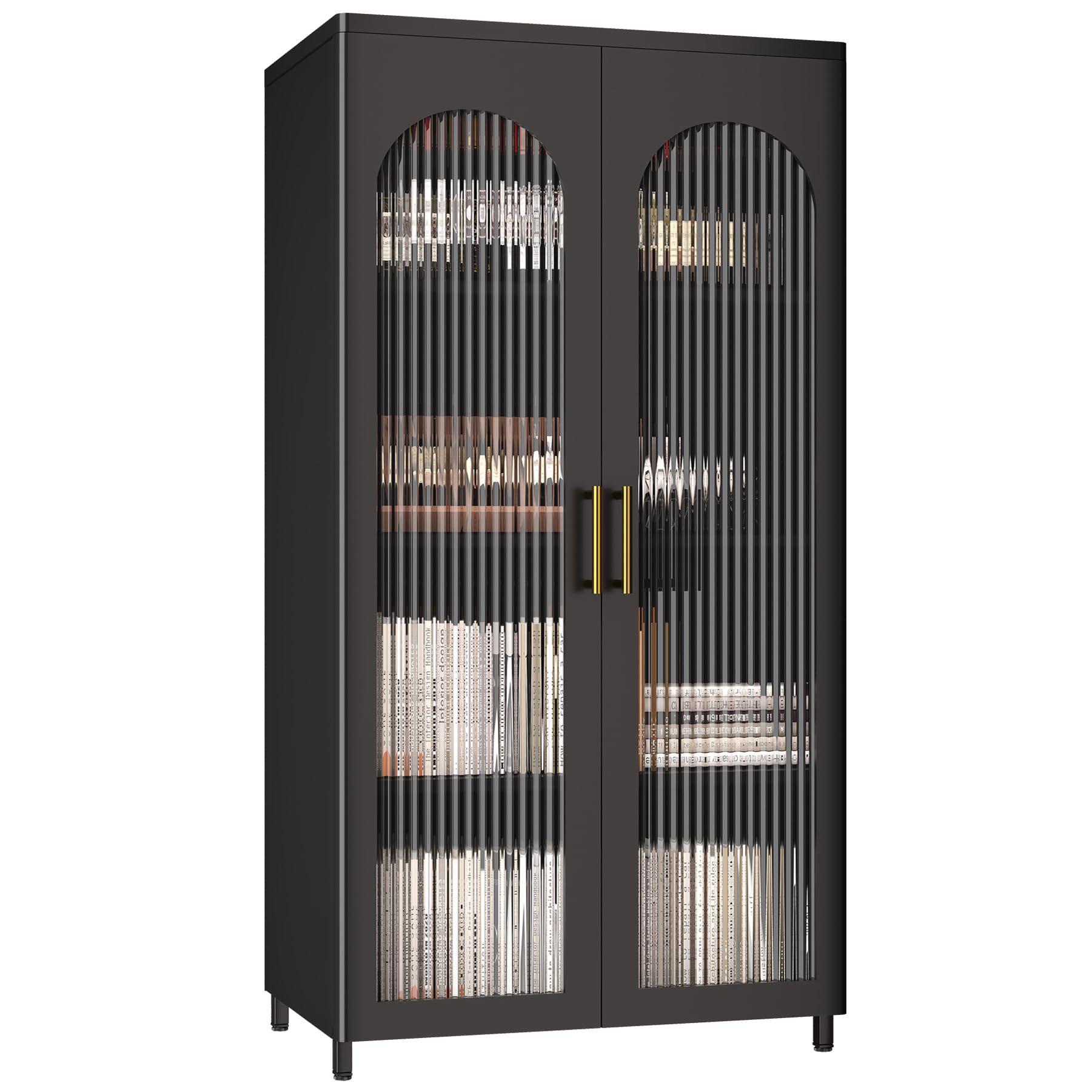 Glass Door Storage Cabinet - Modern Sideboard Buffet for Living Room, Dining Room & Kitchen - Black Bookcase with Tall Doors - Perfect for Home Organization & Displaying Decor