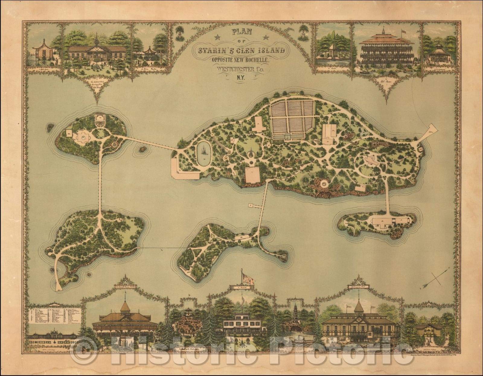 Vintage Historic Map - 1880 Plan of Starin's Glen Island, New Rochelle, Westchester County NY by Franz Xaver Heissinger - Large 44x34 Inch Antique Wall Art Decor for Home, Office & Study Rooms