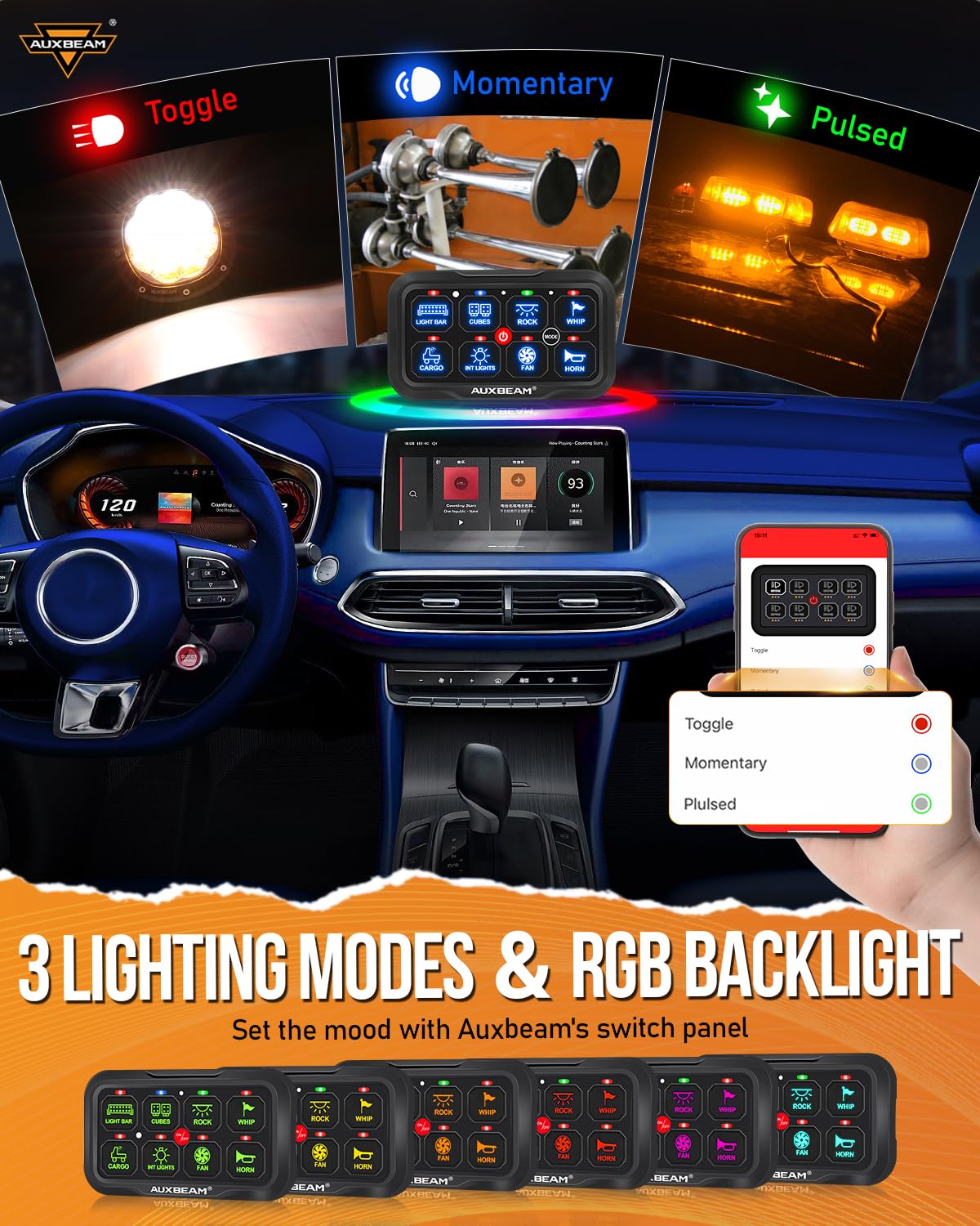 Auxbeam 8 Gang Switch Panel AR-820 Bluetooth RGB Switch Pod - Waterproof Multifunction Toggle Control Panel with Momentary/Pulsed Modes for UTV, ATV, Truck, Car, RV & Boat | Auto Dimmable LED Backlight | Perfect for Off-Roading, Marine & Camping Adventures | 2-Year Warranty