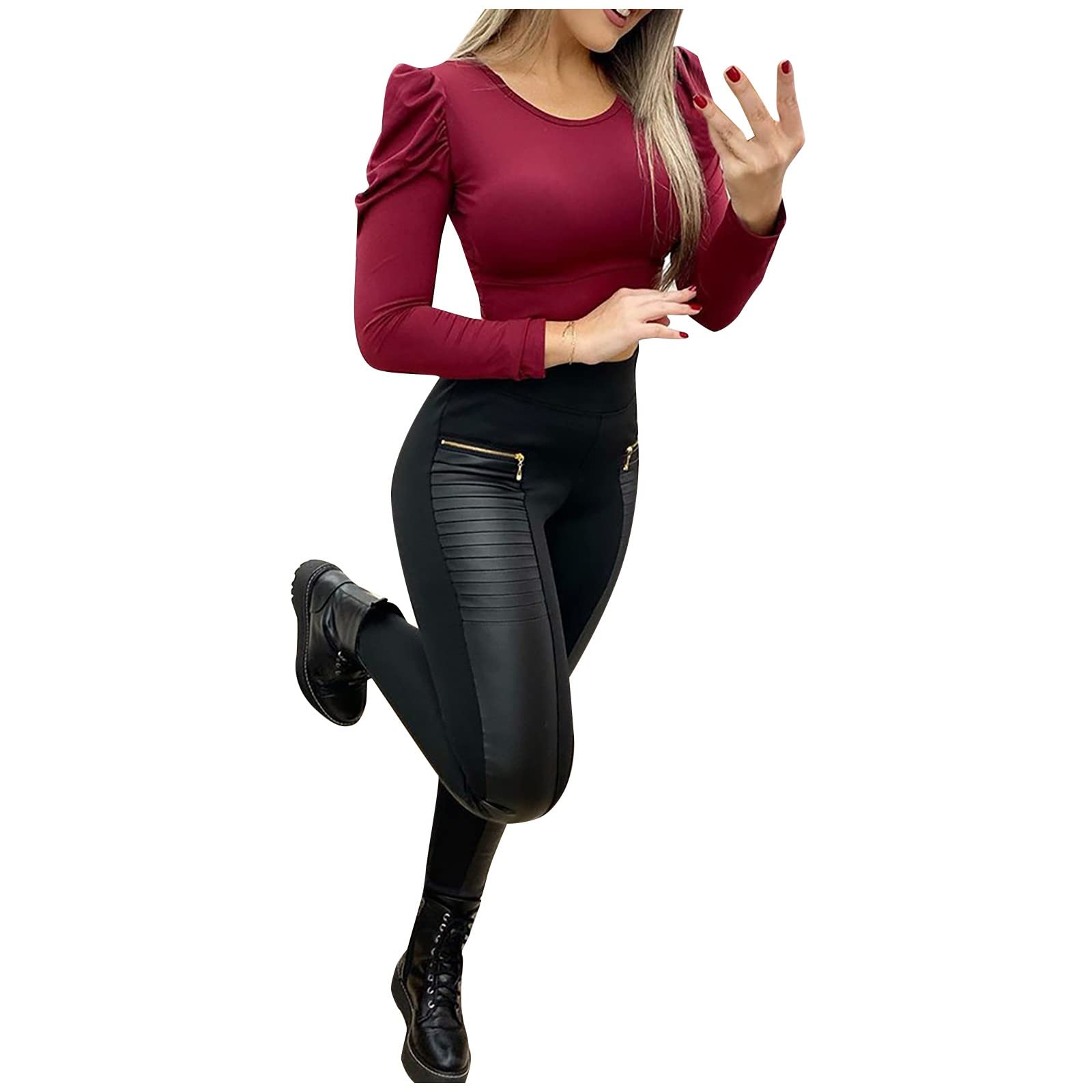 Trendy Women's Faux Leather High Waist Wide Leg Pants with Zipper Detail & Contrast Stitching - Stylish Black Trousers for Night Out, Party & Office | Perfect for Club, Date Night, Business Casual & Evening Events | Great for Work Attire, Fashion Statement Outfits & Stylish Occasions | Ideal for Fall & Winter Wardrobe, Holiday Parties & Professional Settings