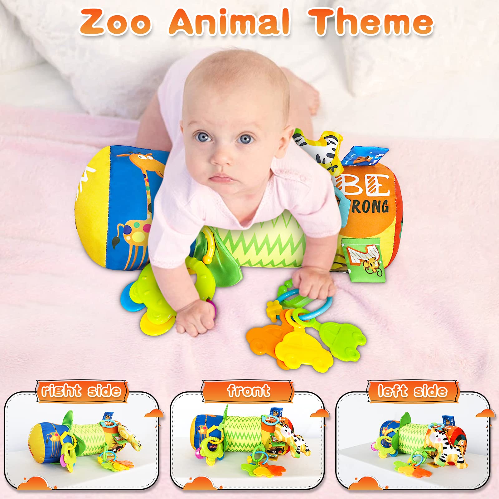 HISTOYE Baby Tummy Time Pillow with Detachable Rattles - Developmental Crawling Roller Toy for Newborns 0-3-6-9-12 Months - Infant Sensory Play Mat for Early Learning & Motor Skills - Perfect for Nursery, Daycare & Playtime
