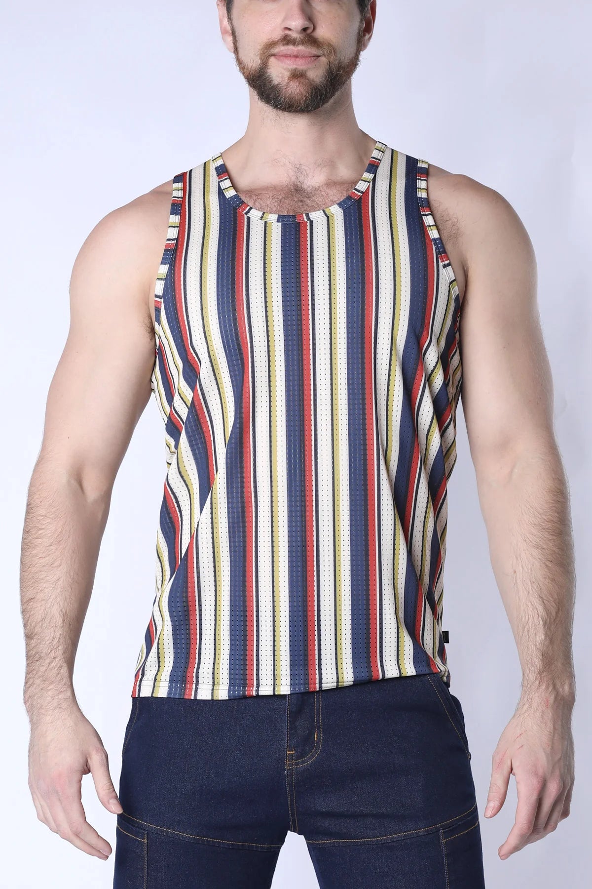 Timoteo Balboa Mesh Tank Top for Men - Navy & Tan Striped Breathable Summer Shirt for Casual Wear, Gym, and Beach Outfits