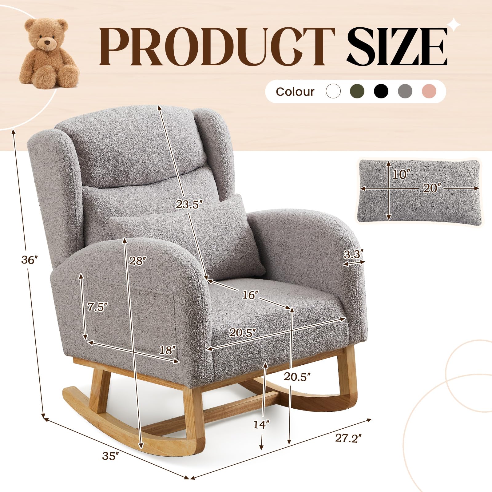 Antetek Modern Grey Teddy Upholstered Nursery Rocking Chair - High Backrest Wingback Accent Armchair with Lumbar Support - Perfect for Nursery, Living Room & Bedroom Relaxation (Grey)