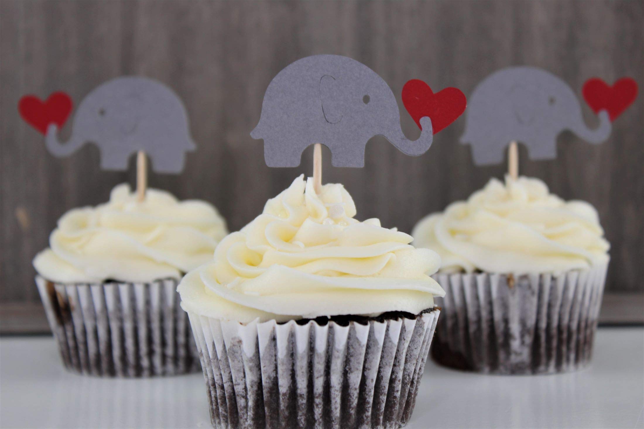 Premium Handcrafted Grey Elephant Cupcake Toppers Holding Red Hearts - Set of 24 - Perfect for Valentine's Day, Baby Showers, Birthday Parties & Wedding Decorations