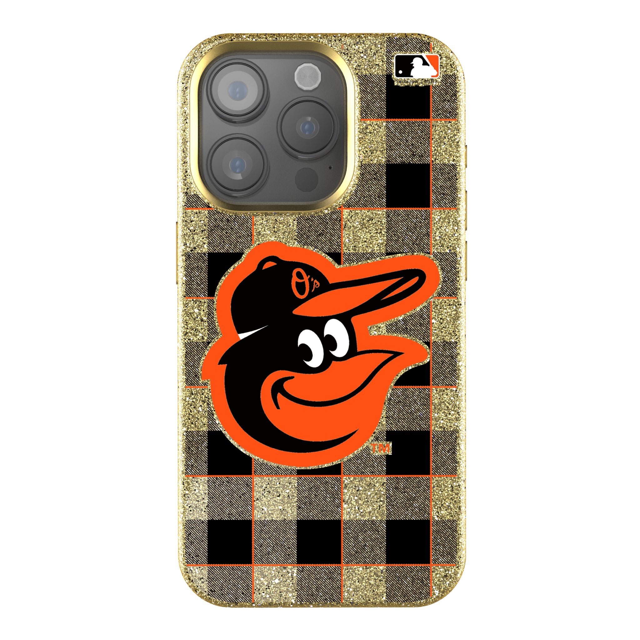 Baltimore Orioles Plaid Bling Phone Case - Stylish Rhinestone MLB Team Design for iPhone & Samsung - Perfect for Baseball Games & Everyday Use