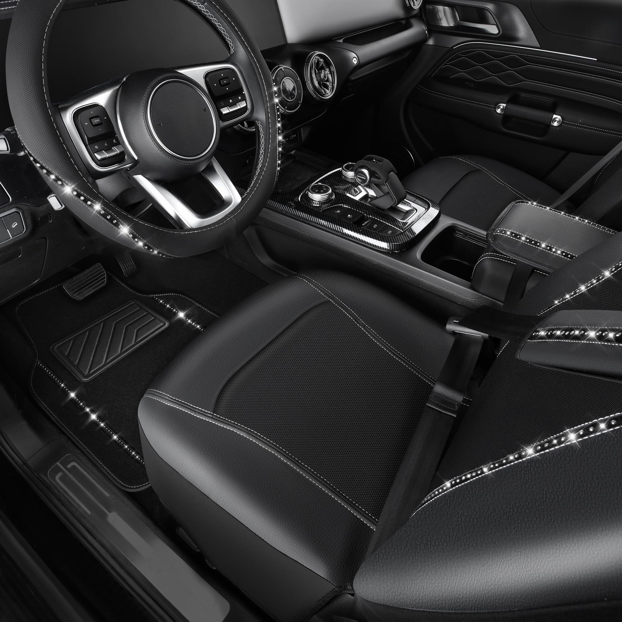 Bling Car Accessories Set for Women - 14 PCS Leather Seat Covers & Rhinestone Steering Wheel Cover | Luxury Car Interior Decor