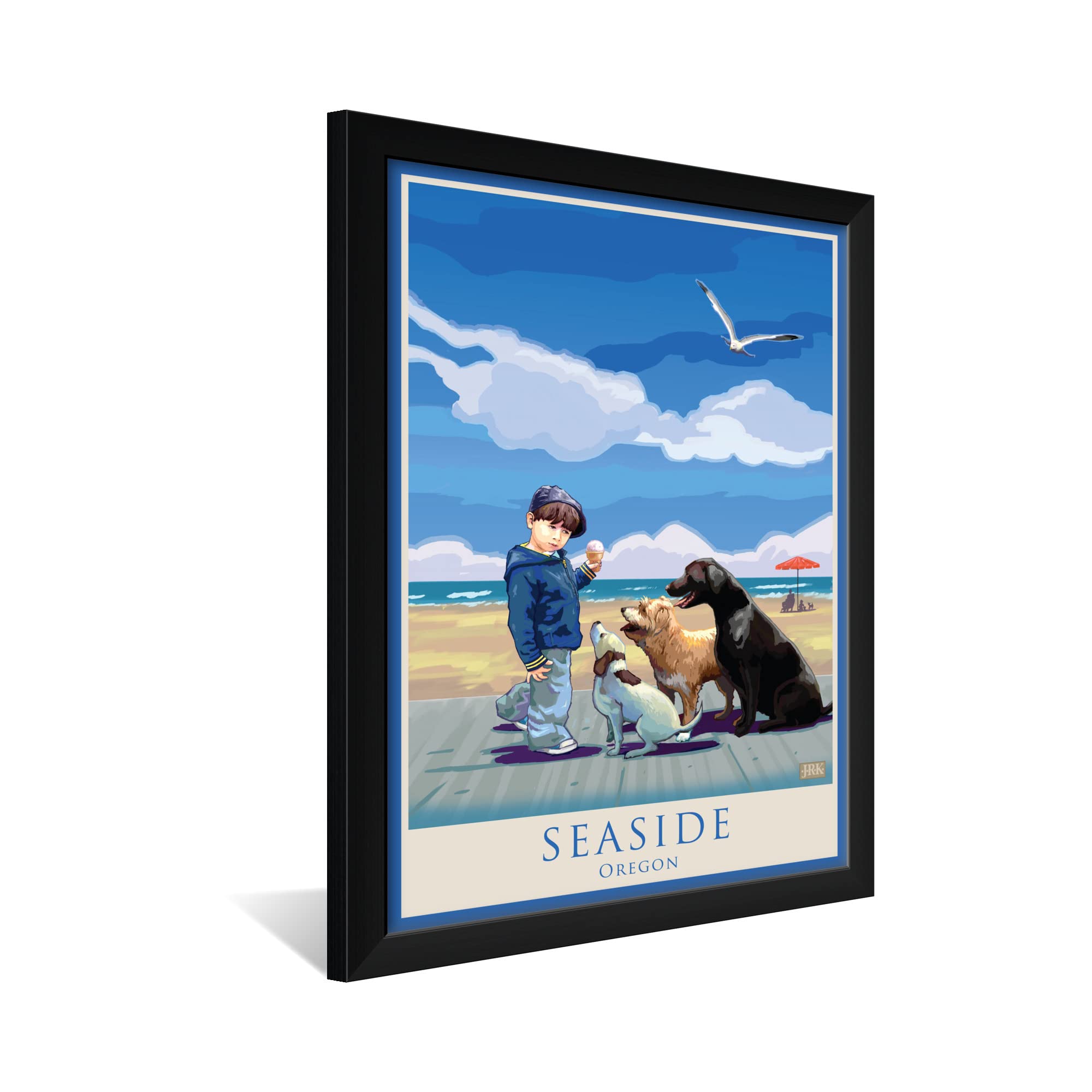 Seaside Oregon Dog Beach Art Print - Professionally Framed 20x26 Inch Dog Painting by Joanne Kollman - Perfect for Pet Lovers Home Decor & Coastal Themed Living Rooms