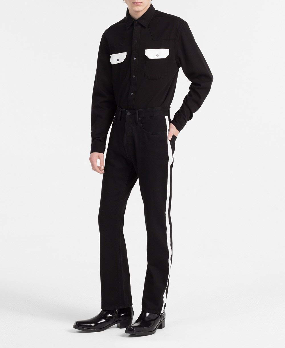 Calvin Klein Jeans Men's High Rise Straight Fit Black Denim Pants with White Stripe - 32x32 Size, Classic Casual & Office Wear for Everyday Style