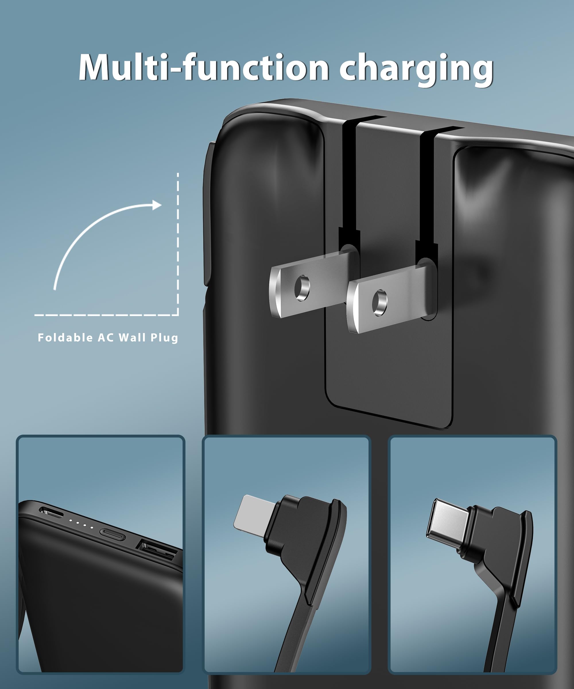 TG90° 10000mAh All-in-One Portable Charger with Built-in Cables & AC Wall Plug - Fast Charging Power Bank for iPhone, Android Phones - Perfect for Travel, Camping & Emergency Power Backup