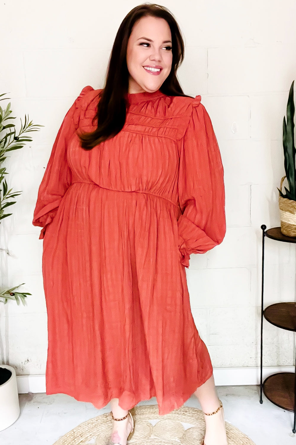 Love Found Rust Mock Neck Embossed Lined Dress - Elegant Fall Women's Dress for Date Night, Office Wear & Special Occasions