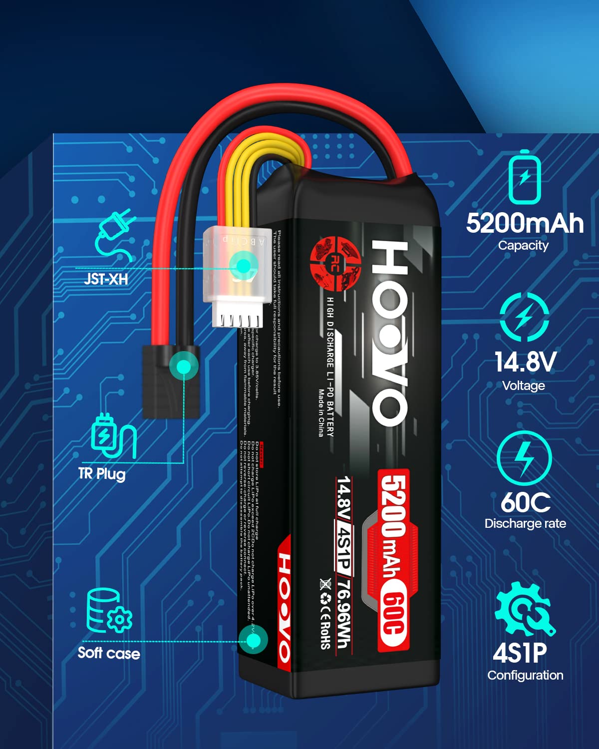 HOOVO 14.8V 5200mAh 60C 4S Lipo Battery with XT60 Connector - High Performance Rechargeable Battery for RC Helicopter, Airplane, Drone, Quadcopter, Boat - Perfect for Long Flight Time and Extreme RC Hobby Activities