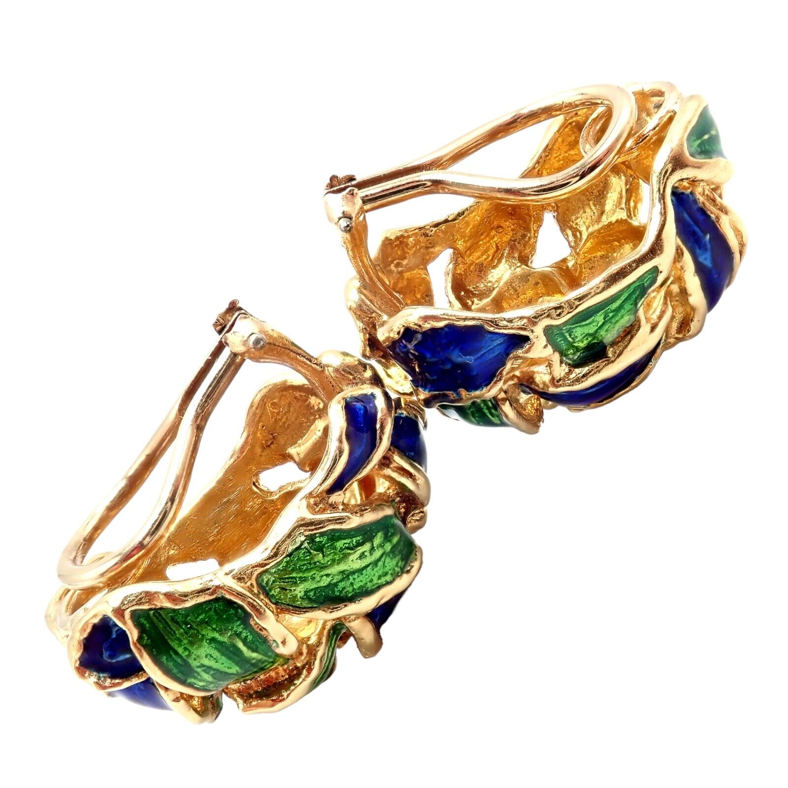 Vintage Tiffany & Co Green Blue Enamel 18k Yellow Gold Basket Weave Earrings - Luxury Jewelry for Women, Perfect for Weddings, Parties & Special Occasions