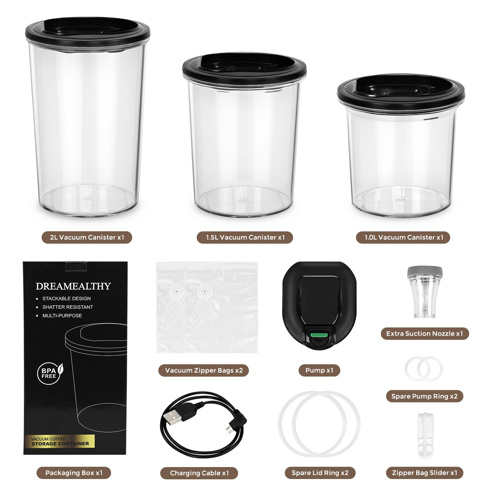 Electric Vacuum Sealer Container Set - 1L, 1.5L & 2L Airtight Food Storage Containers with Pump | BPA-Free, Smellproof & Shatterproof | Keep Food Fresh for 1 Year | Perfect for Meal Prep, Coffee Storage & Leftovers Preservation