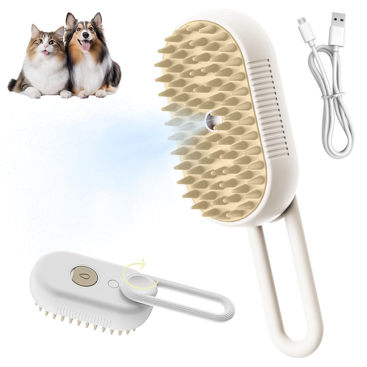 2024 Rechargeable Cat & Dog Grooming Brush with Steam - Pet Hair Shedding Remover, Massaging Brush for Cats & Dogs, White | Perfect for Home Grooming & Shedding Control