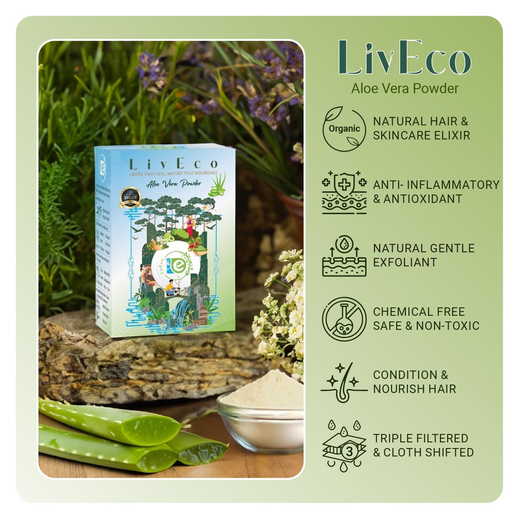 LivEco Organic Aloe Vera Powder 150g - DIY Soothing & Hydrating Face Mask, Hair Treatment - Perfect for Natural Skincare & Hair Care Routine