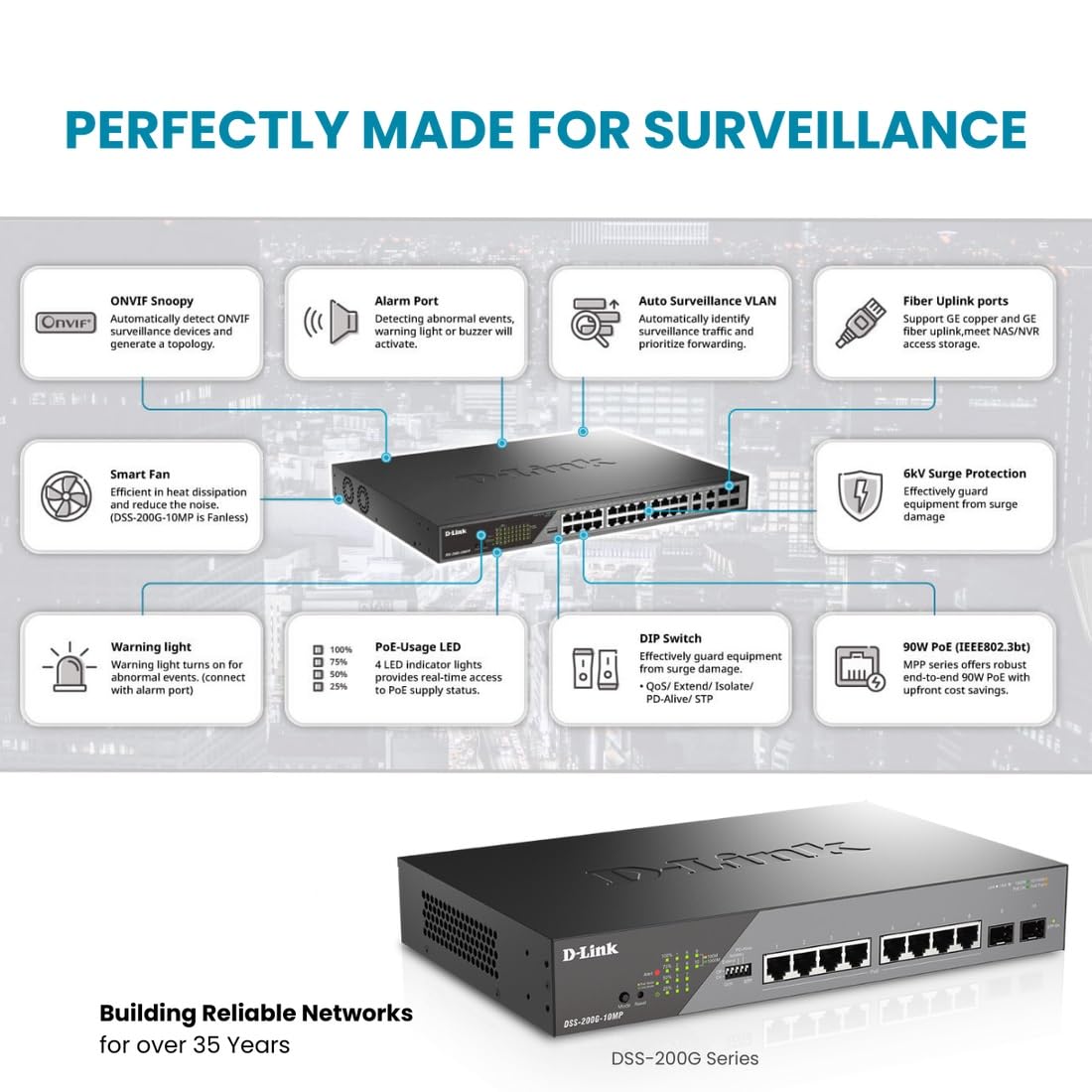 D-Link DSS-200G-10MP 10-Port Gigabit PoE+ Switch - 8 PoE Ports (130W), 2 SFP Ports, Smart-Managed for Office Network & IP Camera Systems