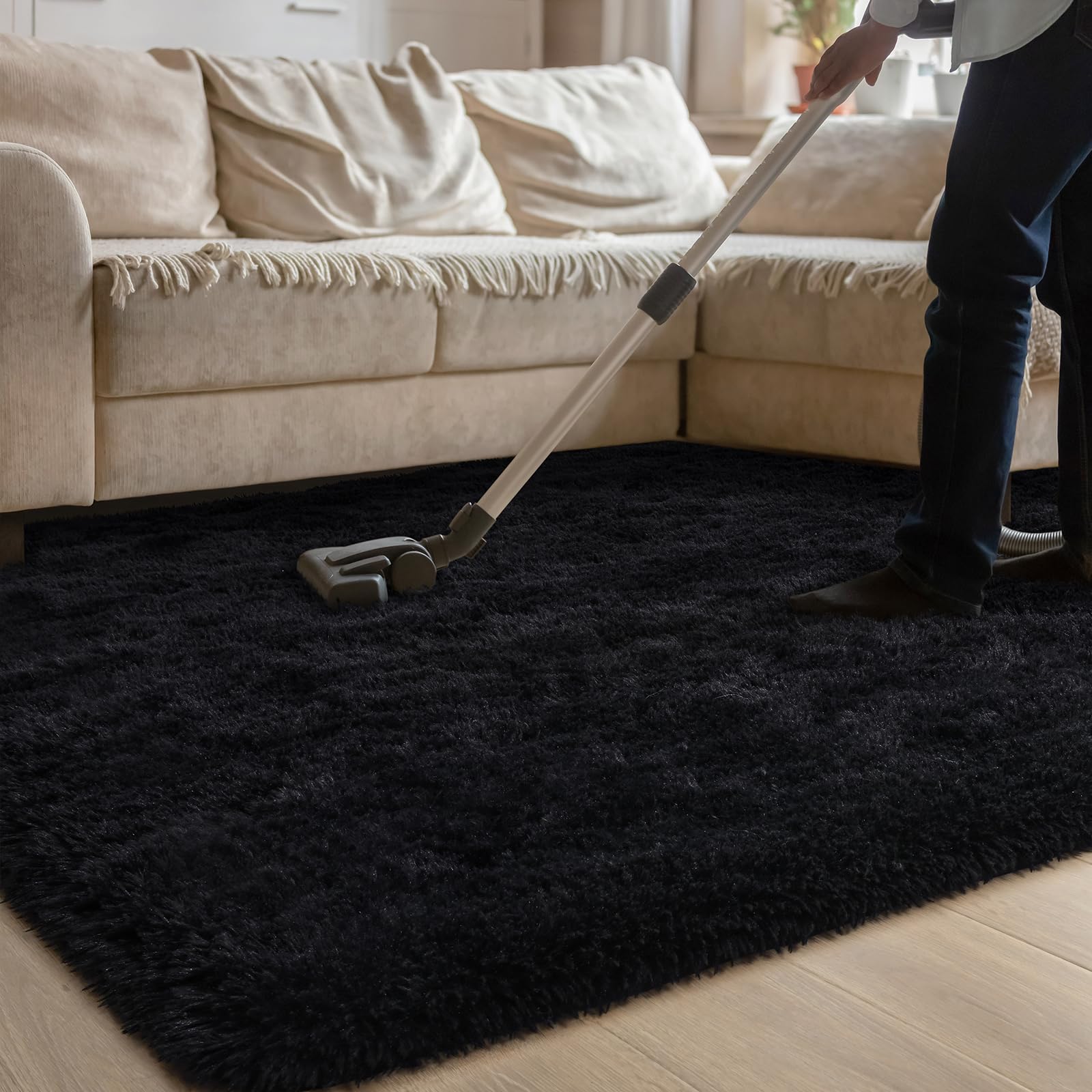 HOMORE 5x8 Fluffy Shag Area Rug - Super Soft Black Modern Carpet for Living Room, Bedroom & Kids Room | Indoor Home Decor | Cozy Floor Mat for Family Gatherings, Movie Nights & Playtime