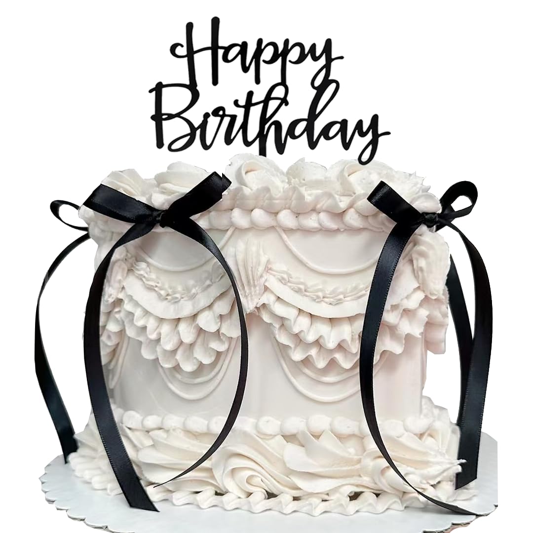 Vintage Black Ribbon Cake Topper with Happy Birthday Sign - Coquette Themed Party Decor for Heart-Shaped Cakes | Perfect for Birthday Celebrations, Wedding Anniversaries & Special Occasions