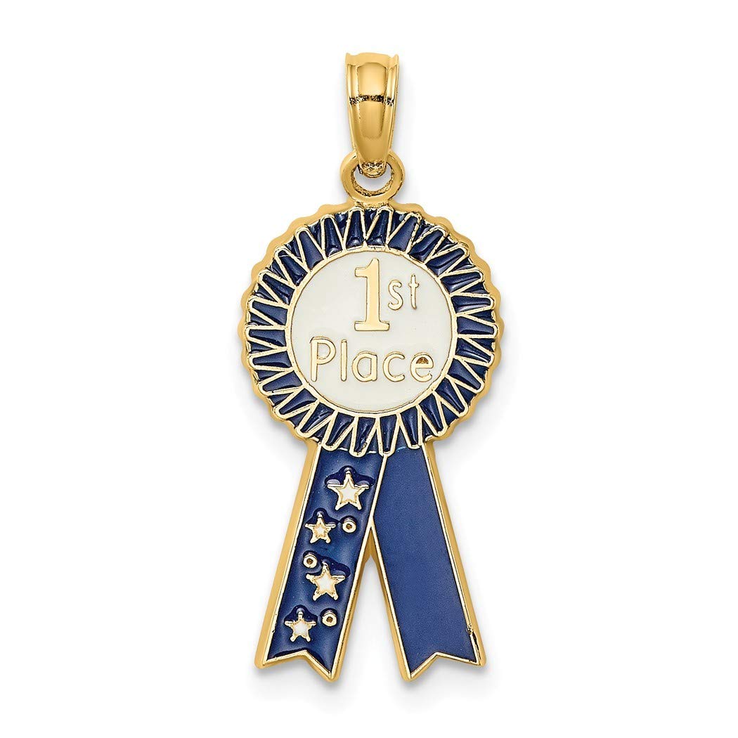 14K Gold 1st Place Ribbon Blue Enamel Charm Pendant Necklace - Elegant Jewelry Gift for Women, Graduation, Sports Awards & Special Occasions