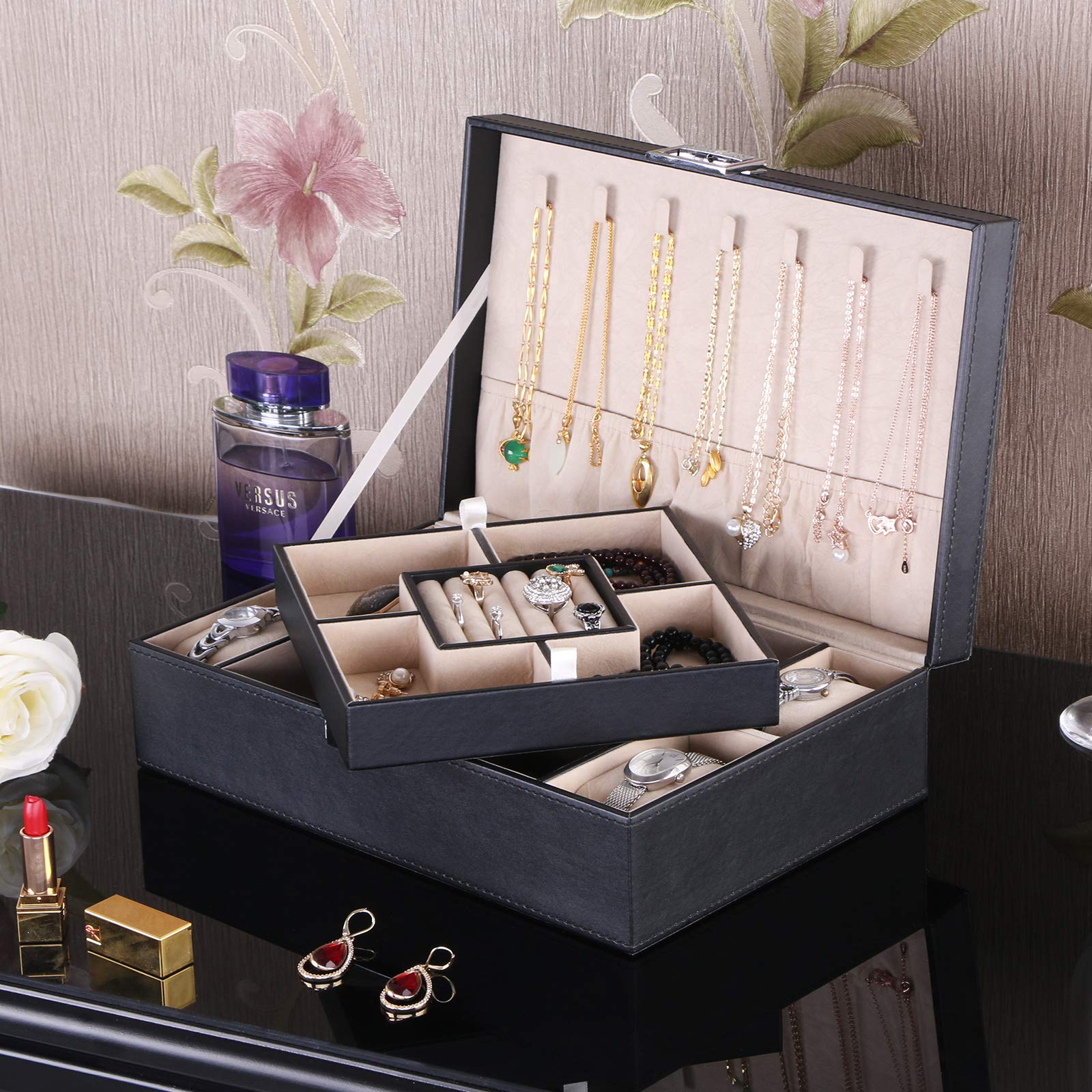 BEWISHOME Men's Jewelry Box Organizer - 4 Watch Case with Removable Tray, PU Leather Jewelry Storage for Necklaces, Earrings, Rings & Bracelets, Black Velvet Lining (SSH07B) - Perfect for Travel, Gifts & Home Organization