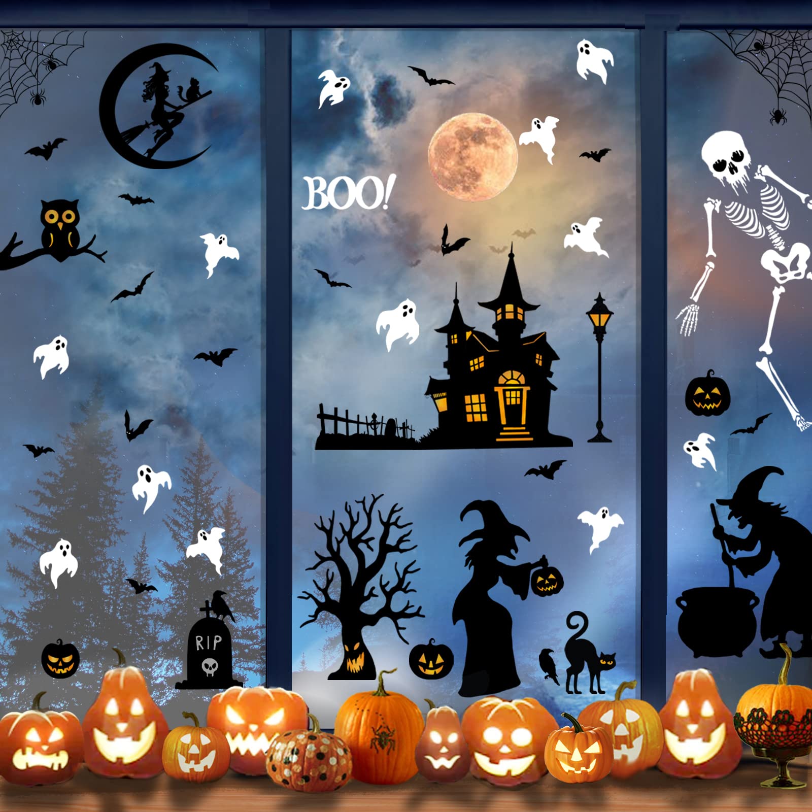 Litupic Halloween Window Clings Decor - Double-Sided Removable Window Stickers for Halloween Party Decorations (Pumpkin, Spider, Bat, Ghost, Witch) - Perfect for Kids & Home Decor - Great for Classroom, Office & Front Door Halloween Decor
