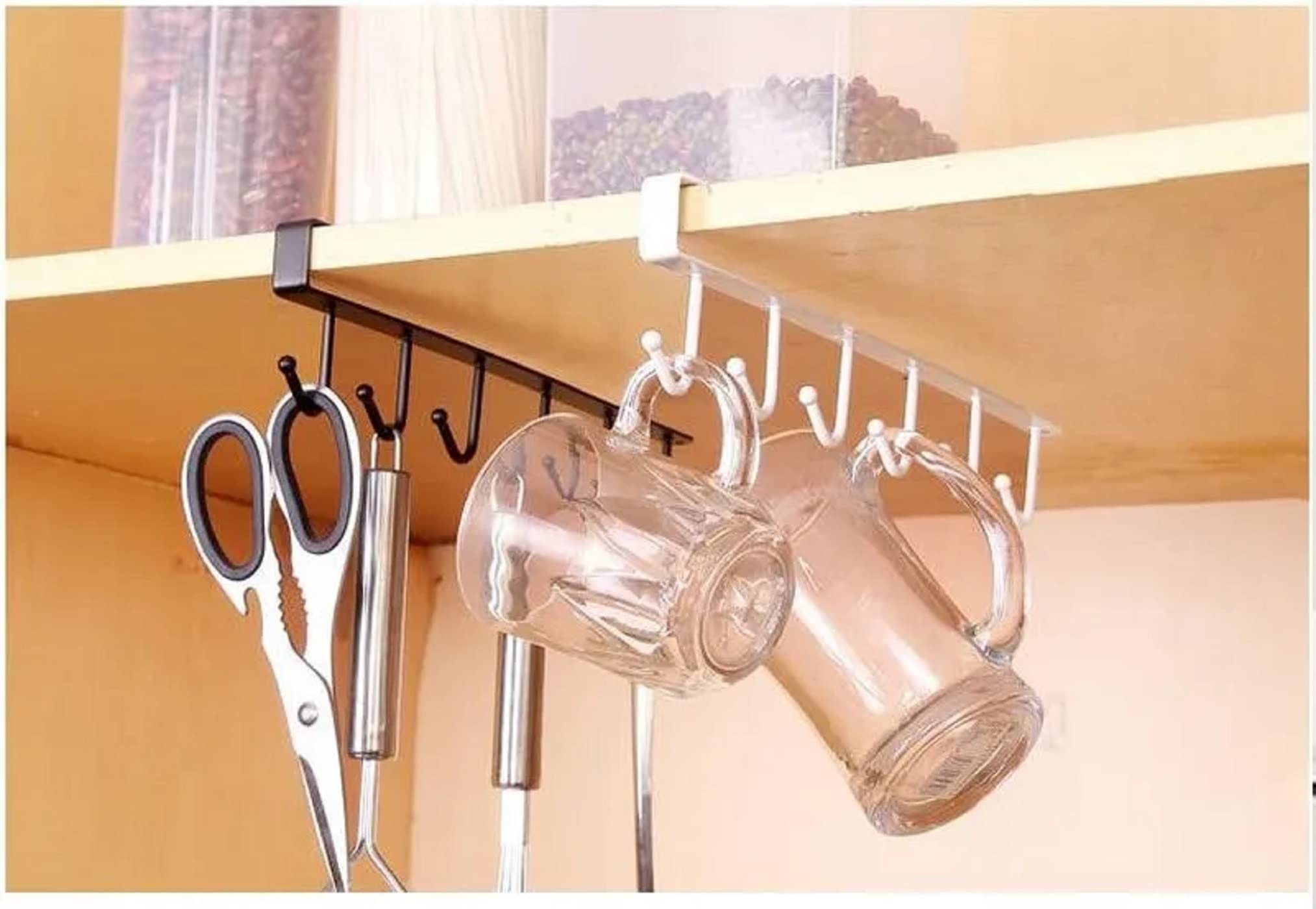 Mopslik - Under Shelf Coffee Mug Holder with 6 Hooks, Metal Hanging Rack Organizer for Kitchen, Cabinet, Table - Space Saving Storage Solution (Black, Pack of 1) - Perfect for Small Kitchens, Dorms, Offices & RVs