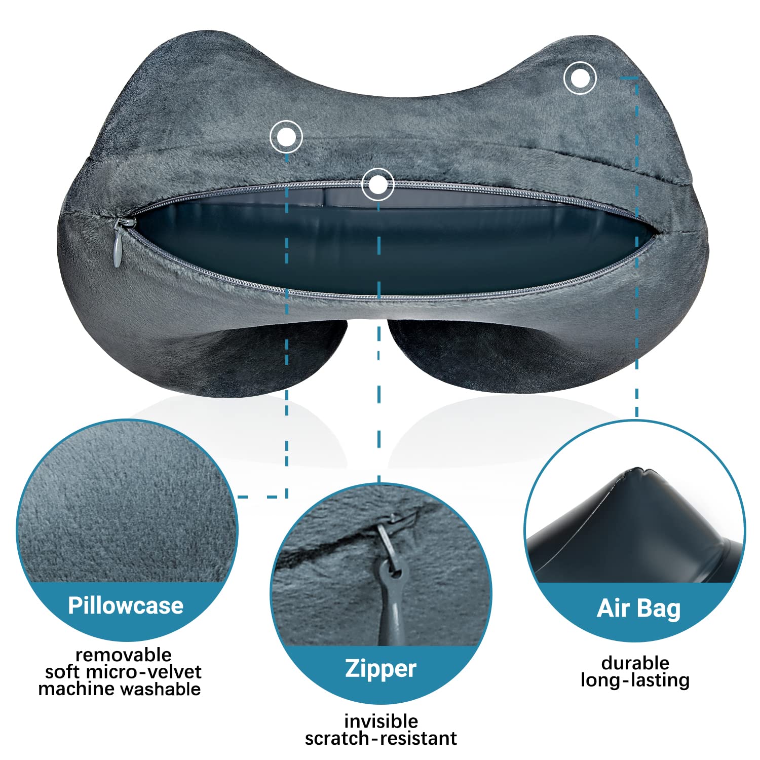 Comfortable Inflatable Travel Neck Pillow with Washable Breathable Cover - Portable Small Size for Airplane, Car & Camping - Soft Grey Pillow P12