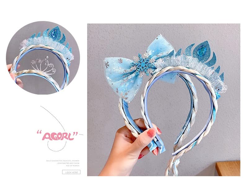 FEIFEI'S BOW Frozen Elsa Hair Accessories Set for Kids - Blue Snowflake Crown Headband, Ponytail Hair Extension & Hair Clips | Disney Princess Costume Dress Up, Birthday Party, Halloween Cosplay