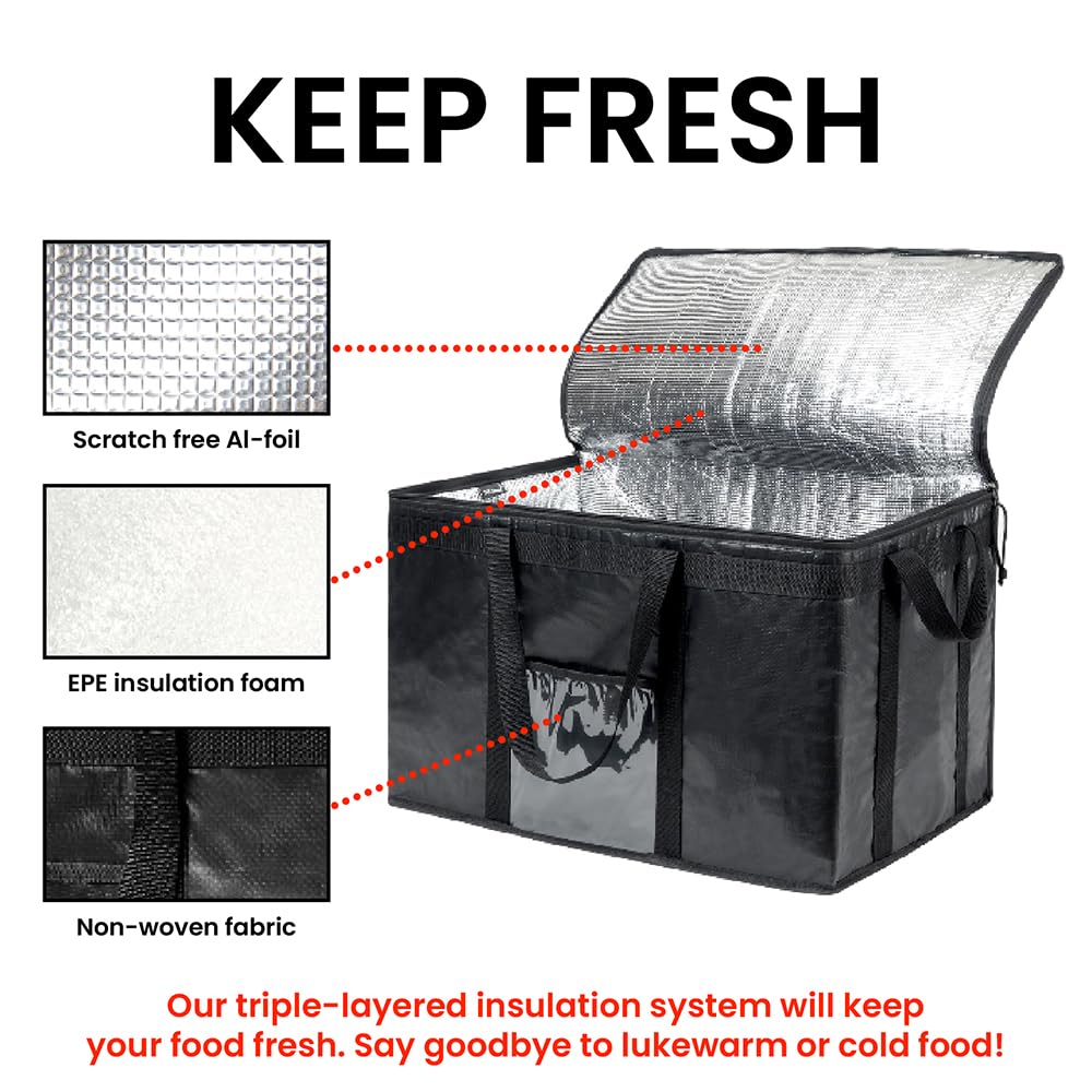 NZ Home Durable PRO Insulated Cooler Bag & Food Warmer (3XL, 2 Pack) - Heavy Duty Commercial Grade with Zippered Top - Perfect for Food Delivery, Grocery Shopping, Picnics & Outdoor Activities - Black