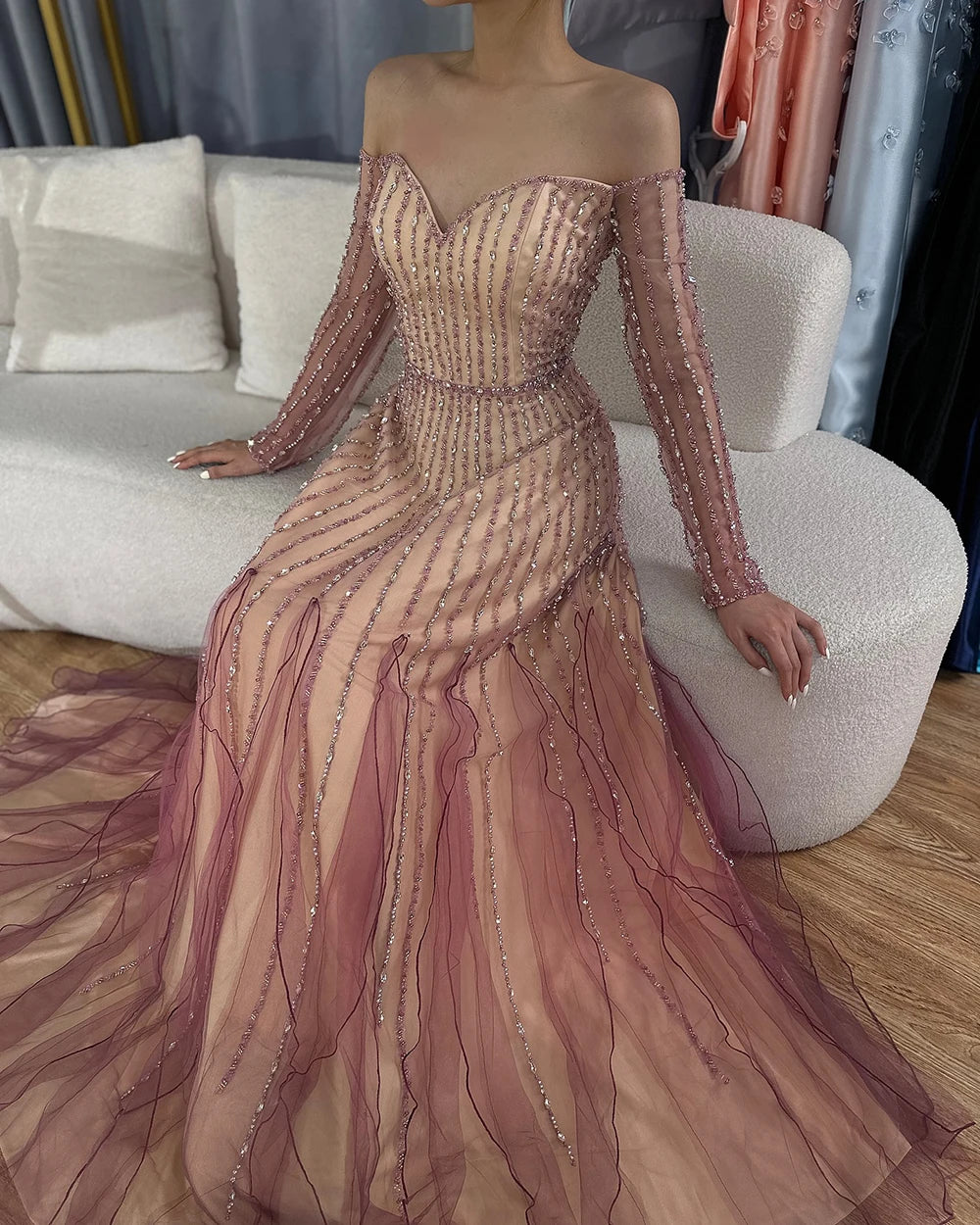 Elegant Purple Beaded A-Line Long Evening Dress for Women - Luxury Dubai Arabic Style Formal Gown LA72752 | Perfect for Weddings, Galas, and Special Occasions