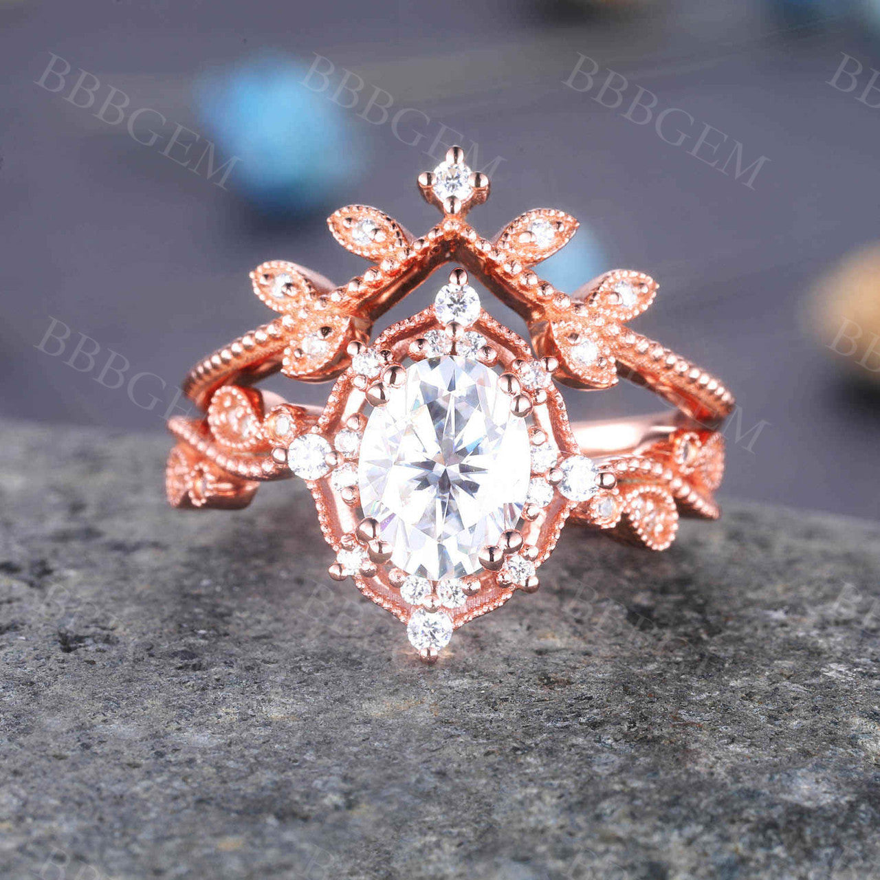 Rose Gold Oval Moissanite Engagement Ring Set with Diamond Matching Band - Art Deco Milgrain Wedding Ring for Women | Perfect for Proposals, Anniversaries & Bridal Jewelry