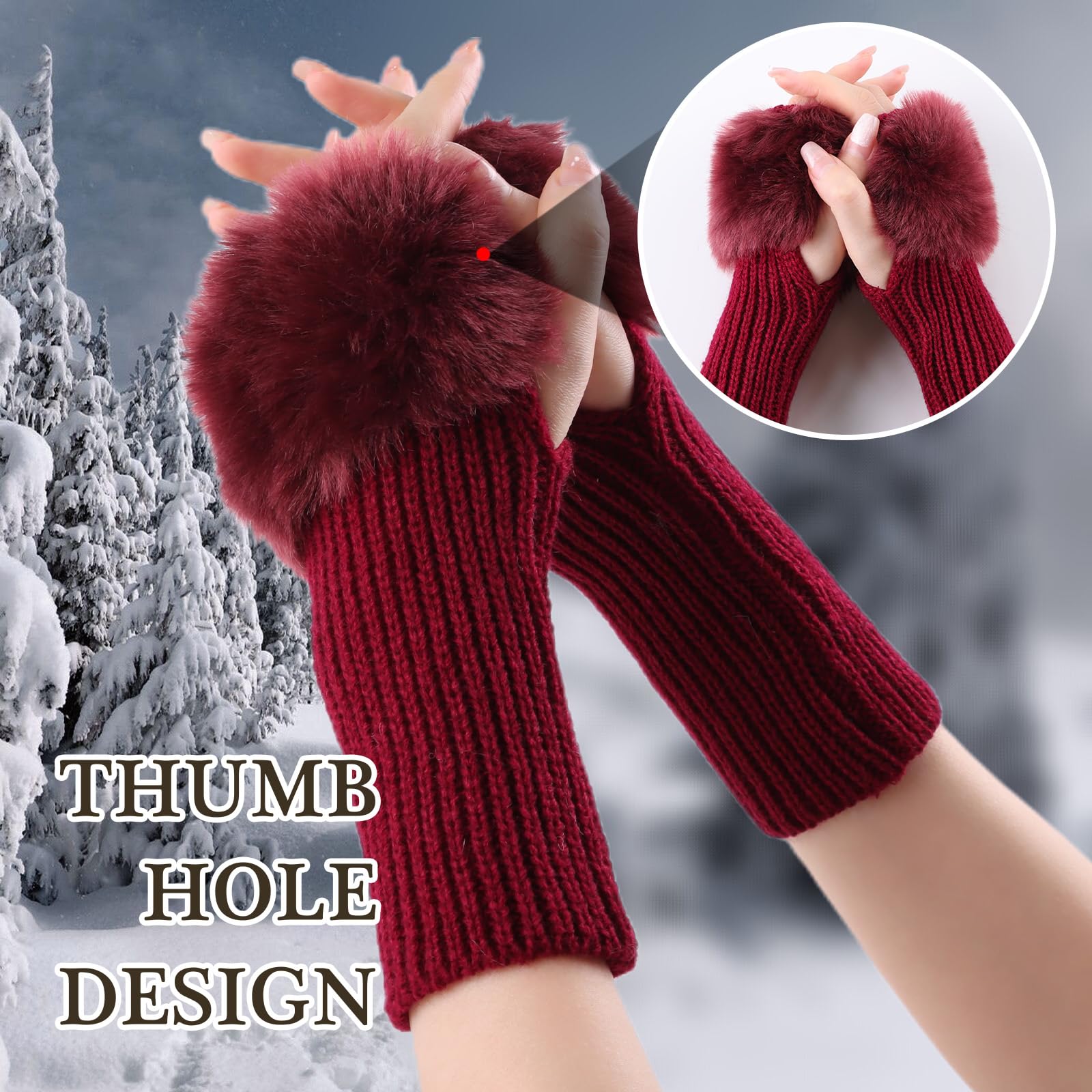 Winter Fingerless Gloves for Women - Knitted Arm Warmers with Thumb Hole & Faux Fur Wrist Cuff | Cozy Hand Mittens for Outdoor Activities, Office Work, and Cold Weather Fashion