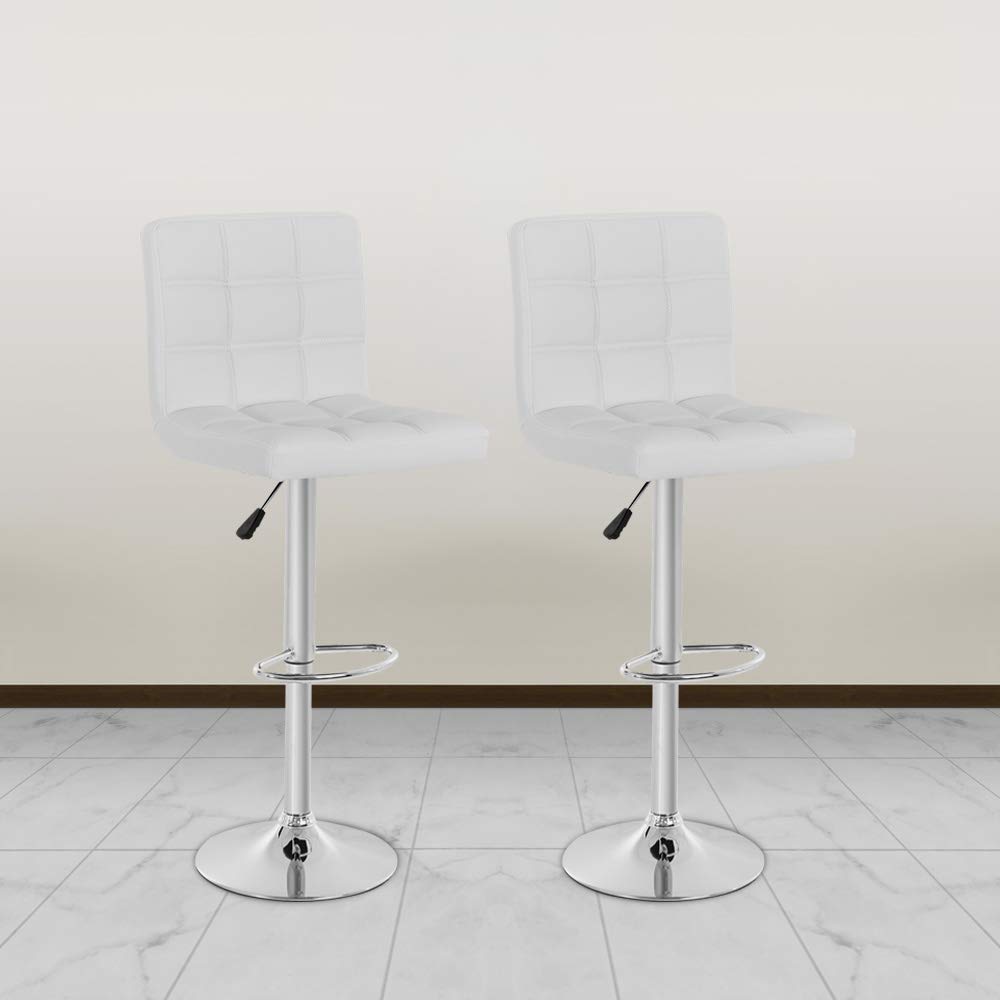 Modern PU Leather Adjustable Bar Stools Set of 2 - Square Counter Height Barstools with Upholstered Seat & Back, White - Perfect for Kitchen Island, Breakfast Bar & Home Decor